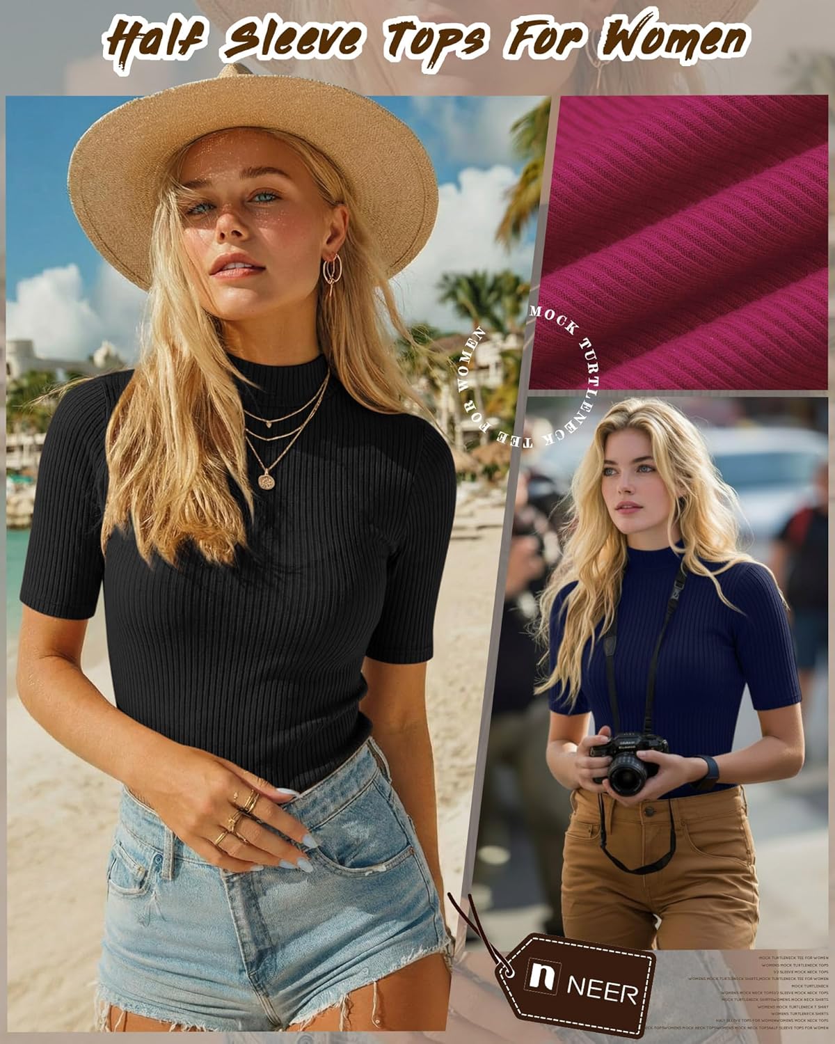 Neer 3 Pack Women's Half Sleeve T-Shirts, Mock Turtleneck Elbow Length Tee Ribbed Slim Fit Casual Summer Tunic Tops - Image 5