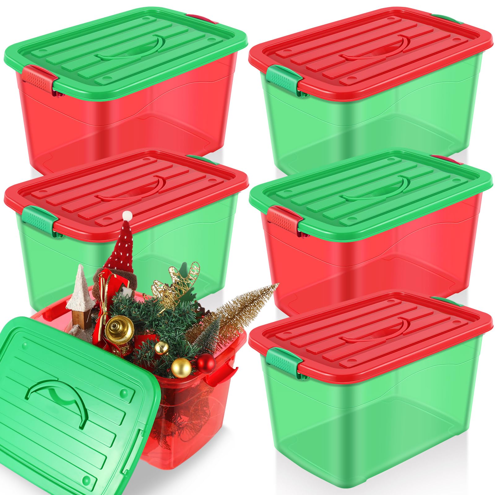 Abbylike 6 Packs Holiday Seasonal Storage Bin Holiday Storage Totes with Lids Holiday Decoration for Halloween Christmas Home Organization Holiday Decoration (Red, Green,37 Quart)