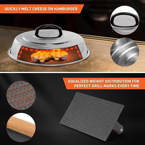 Miniatura 3 de BBQ Accessories - Cubierta redonda de acero inoxidable de 12 pulgadas, cúpula de fusión de queso, kit de prensa rectangular de hierro fundido para