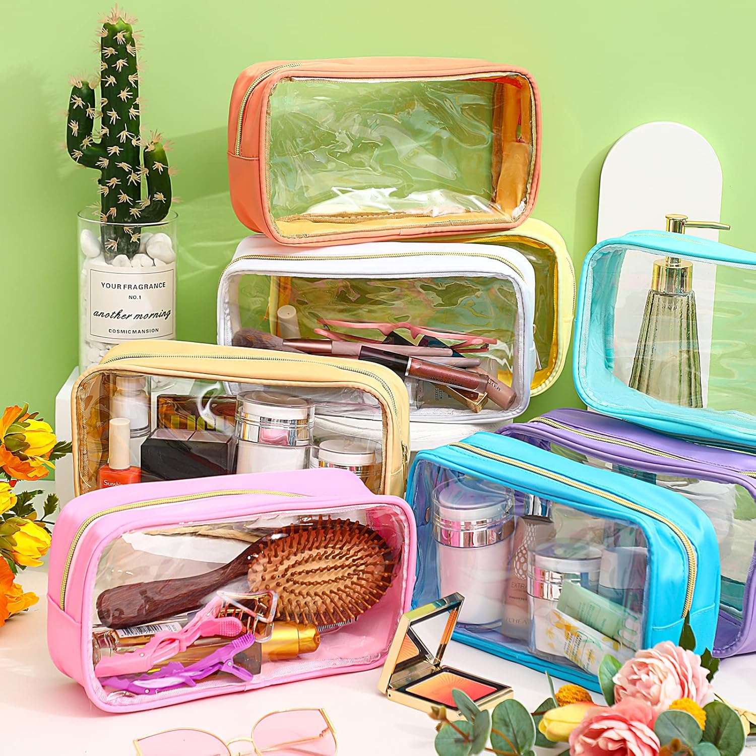 Cunno 9 Pcs Preppy Clear Makeup Bag DIY Chenille Letter Pouch Large Nylon Makeup Bag Travel Toiletry Zipper Cosmetic Organizer Pouch PVC Bags for Women, 9.5 x 5.1 x 2.8 Inch(Colorful)