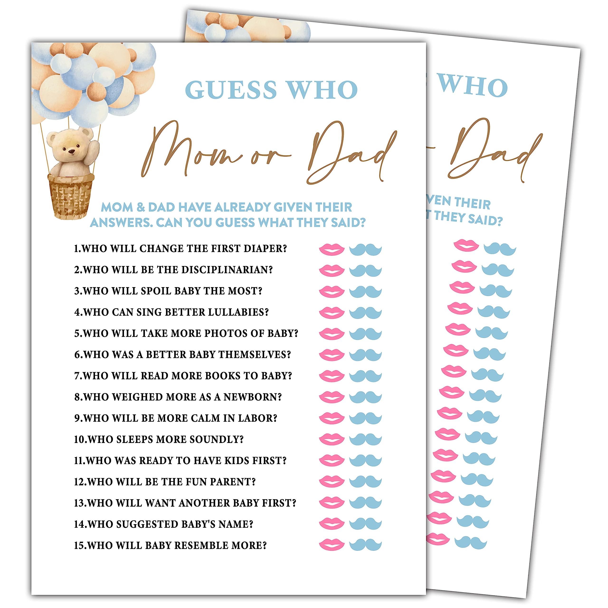 Bear Balloon 30 Guess Who Mom or Dad Game Cards, We Can Bearly Wait Gender Reveal Party Supplies Favors (5"x7") - E05