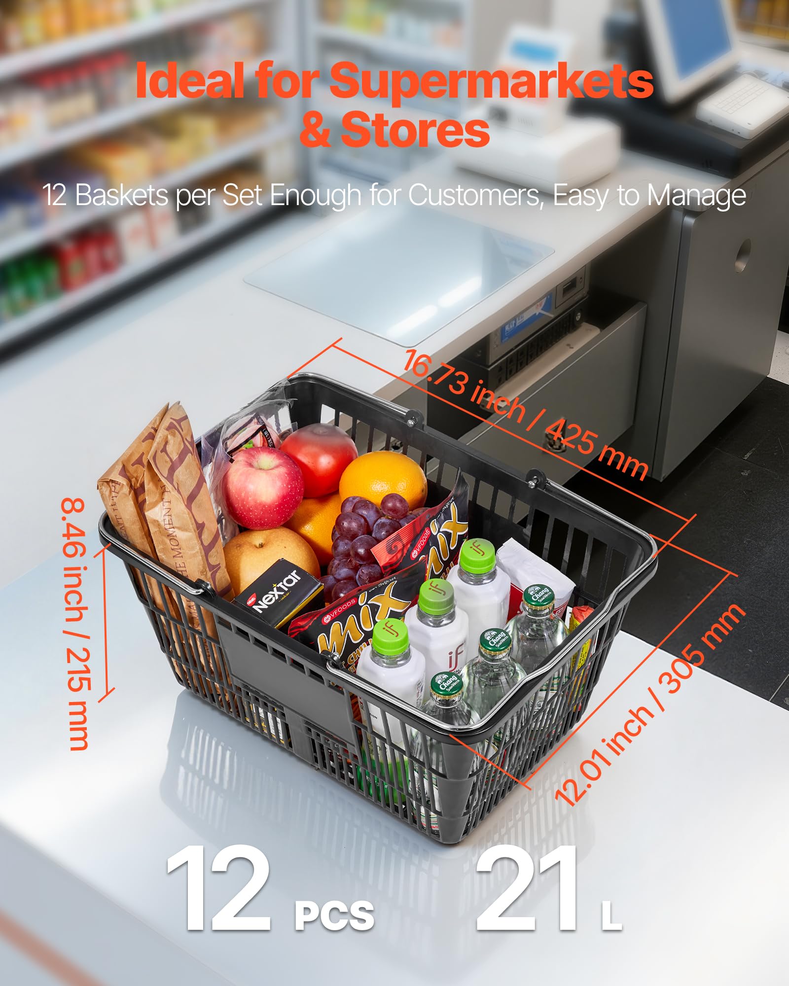 VEVOR Panier de Courses Plastique 12 PCS Panier à Provisions Empilable Capacité 21 L pour Épicerie Vente au Détail Magasins Supermarchés, avec Poignées Métalliques, Maille Dense, Charge 9 kg, Noir
