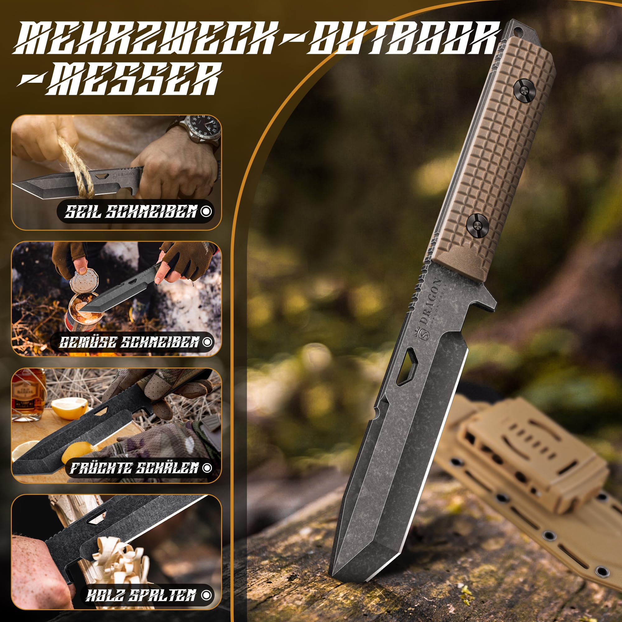Dragon Creek Outdoor Messer Fixed Blade - Inklusive Scheide - Ideal Outdoor-Jagdmesser aus 440 Stahl, Premium Survival Messer füR Camping, Wandern, Bushcraft, MäNner Geschenk(khaki)