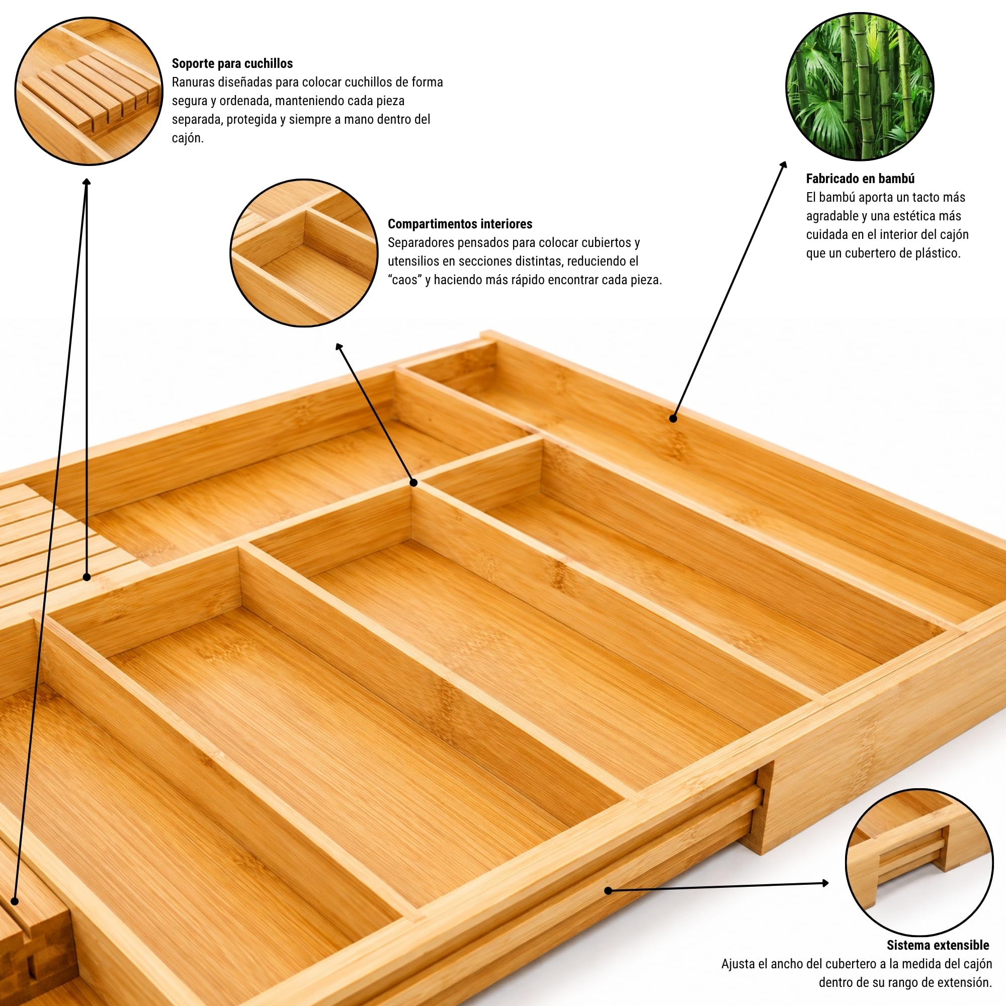 ALK Cubertero extensible válido como organizador cocina para cajones almacenaje, cubertero cajon o bandeja bambu, organizador cubiertos para cajon, organizador escritorio cajones (Cajones 52-83 cm)