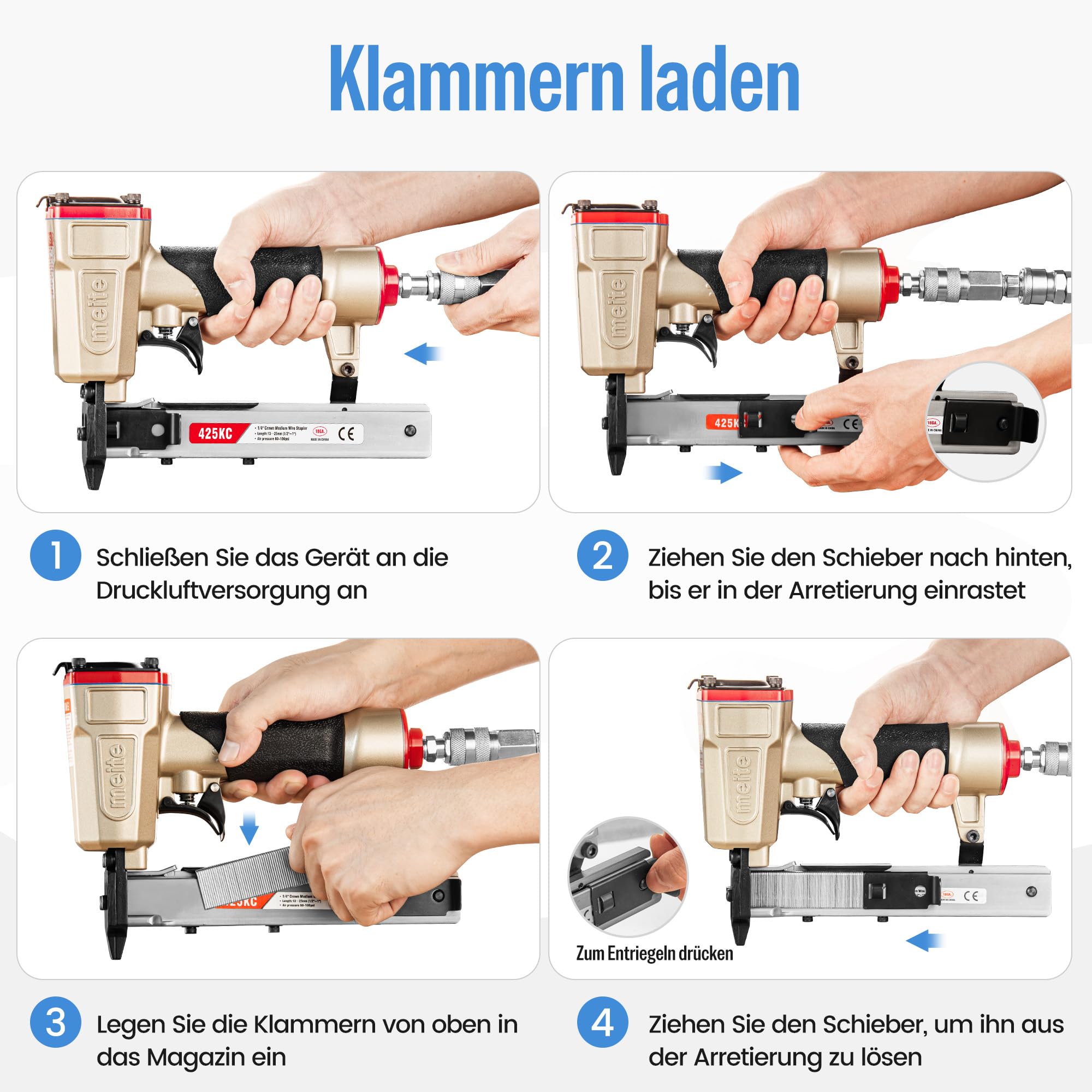 meite 425KC Drucklufttacker 18 GA, für Typ 90 Klammern, 5,7 mm Krone, Drucklufttacker mit Sicherheitsauslöser und Sichtmagazin, für Holzbearbeitung und Innenausbau
