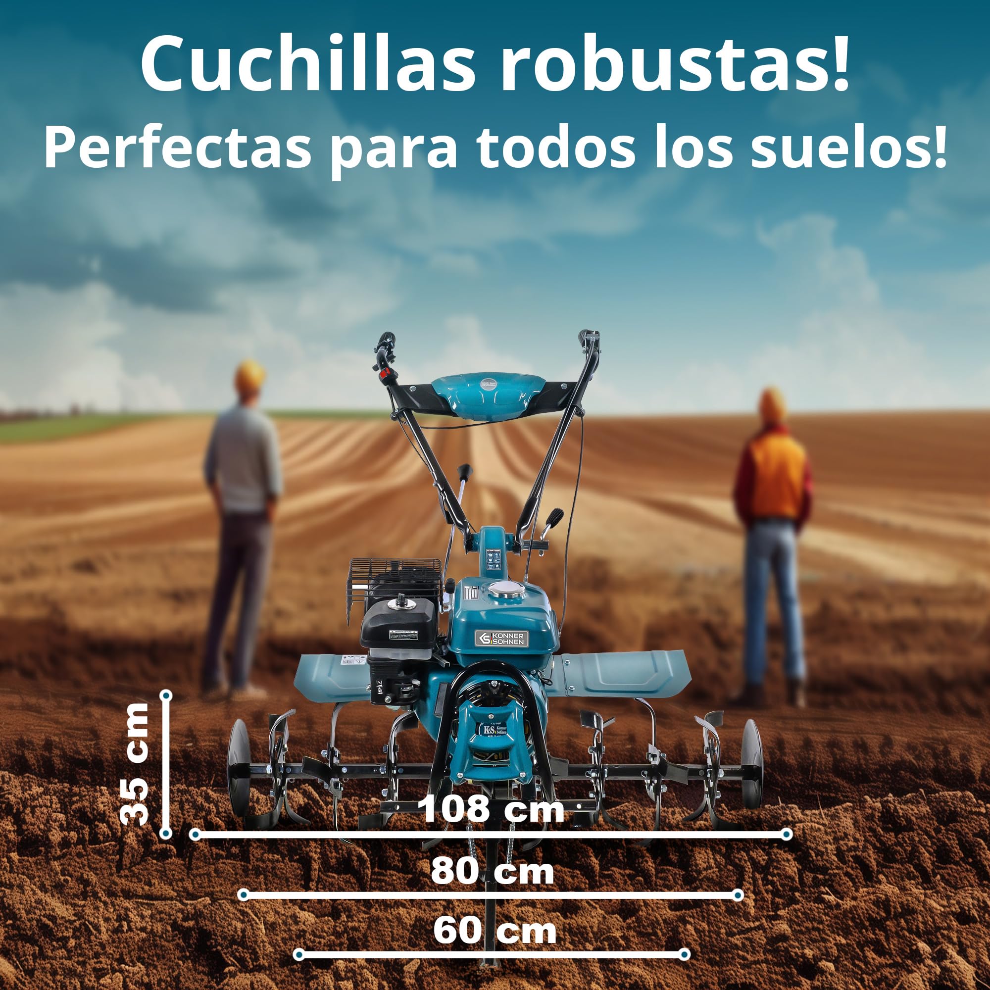 Könner & Söhner KS 7HP-1050G - Azada de Gasolina con accionamiento Directo, fresadora de jardín, fresadora forjada, 2 Marchas hacia adelante, Marcha atrás, ≤ 108 cm de Ancho de Trabajo