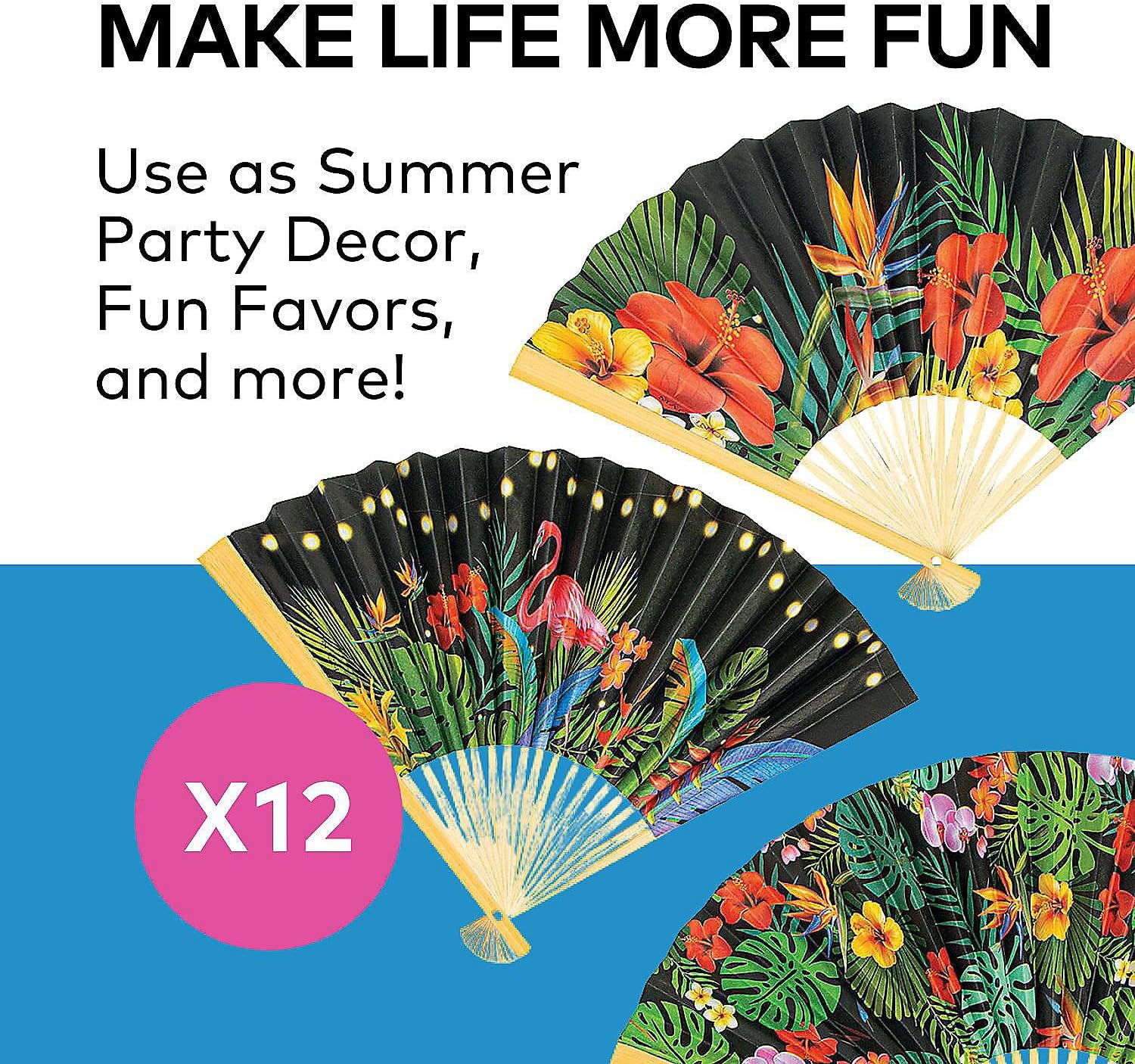 Fun Express Tropical Nights Folding Hand Fans Tiki and Luau Party Supplies - Fans for Wedding Party Favor - Fabric Sleeve for Protection - Multi-Colored Or Various Tropical Colors (Set of 12)