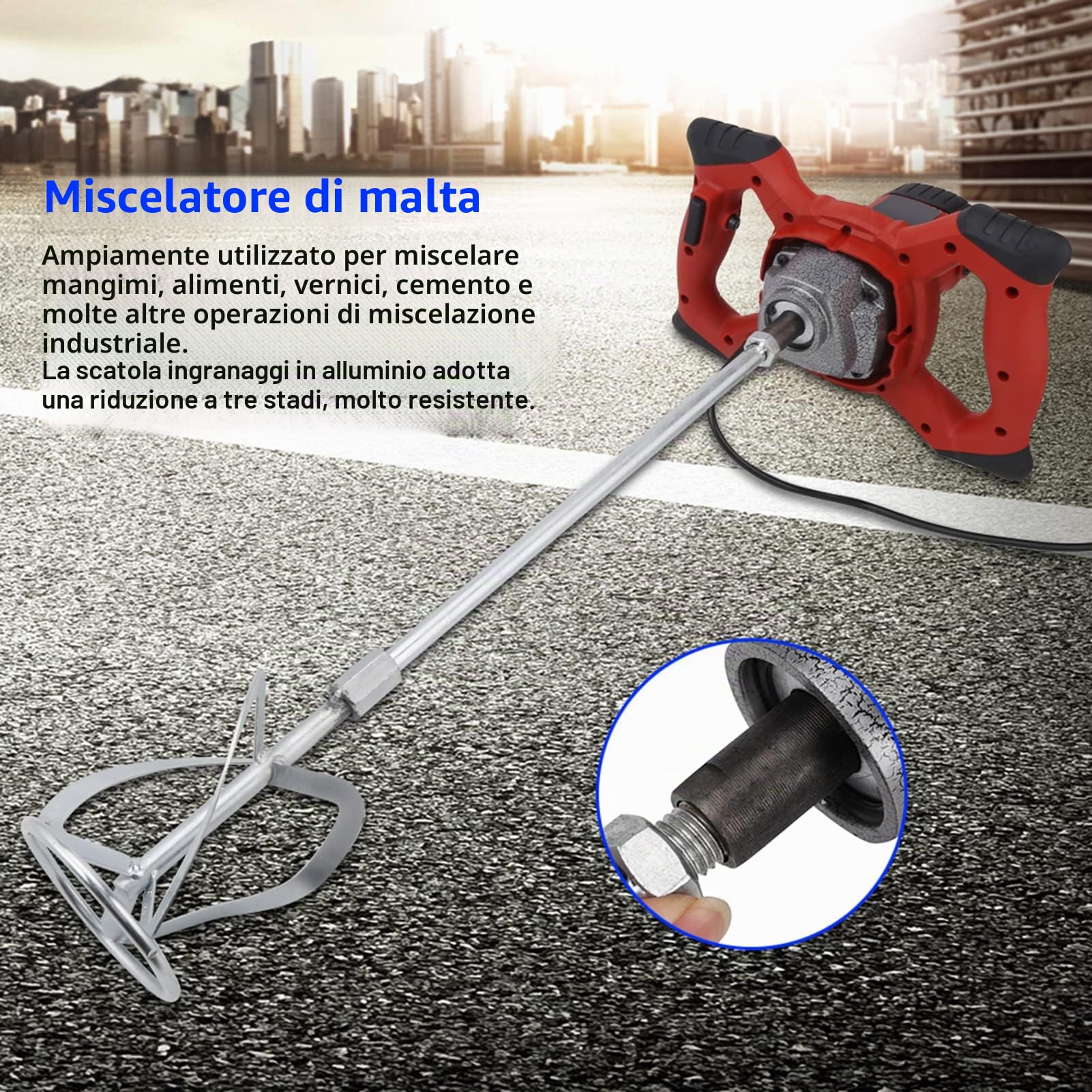 Sbattitore Manuale 1500 W, Miscelatore Elettrico per Malta, Vernice, Cemento, 6 Velocità, Scatola Ingranaggi in Alluminio