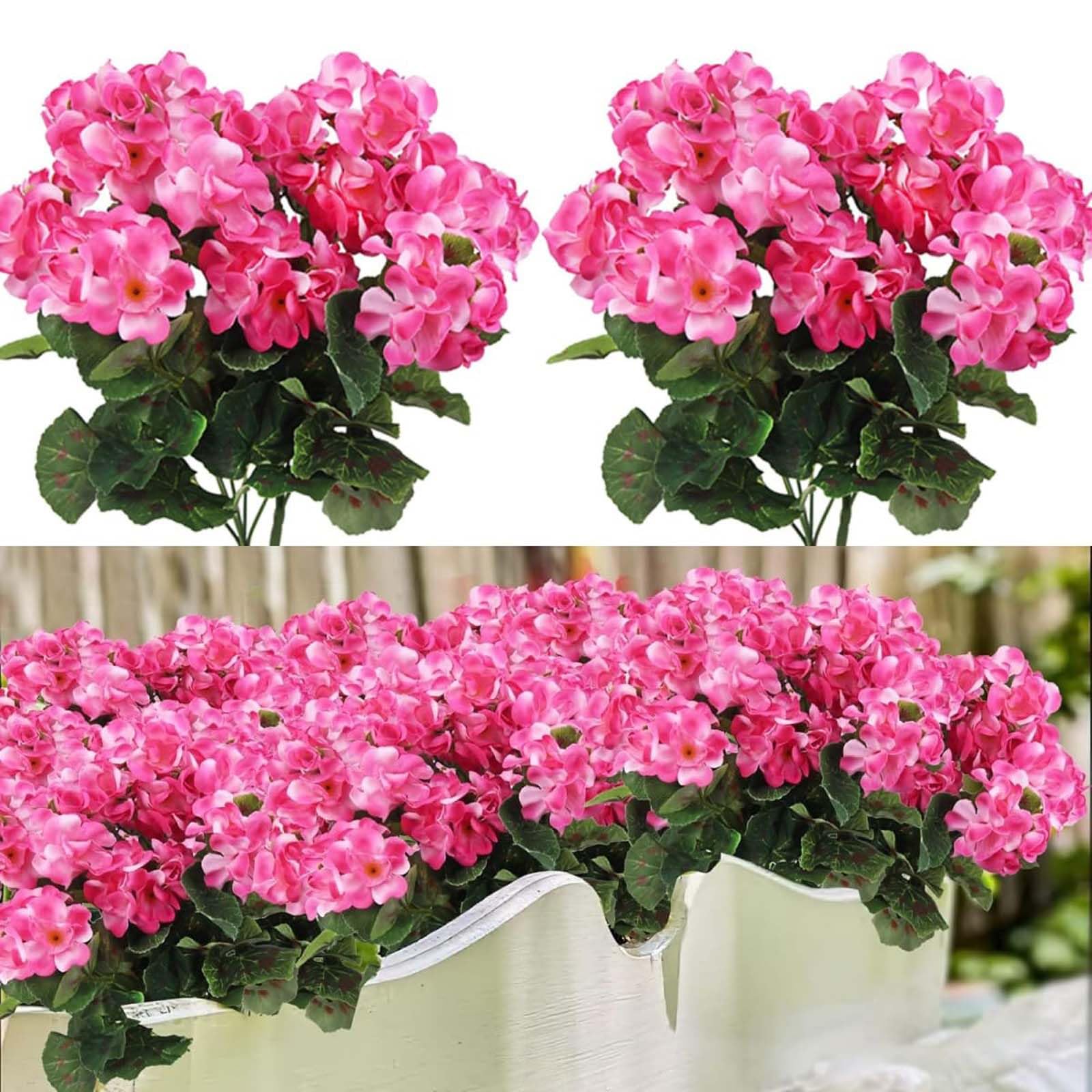 Laelfe 4 Bundles Artificial Pink Geraniums for Outdoors UV Resistant Fake Geraniums Flowers Faux Silk Geranium Plants for Outside Indoor Home Balcony Window Boxes Garden Decorations