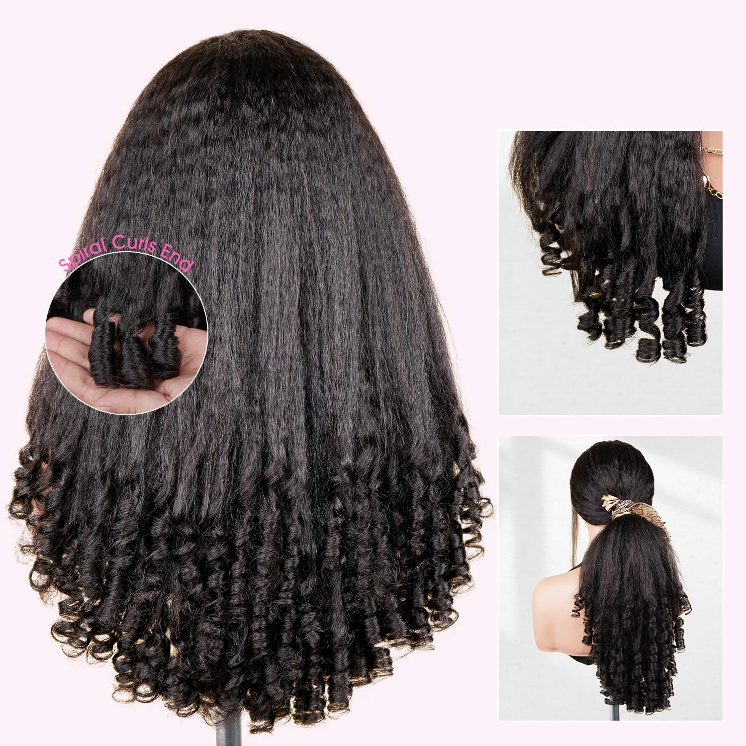 BLY Kinky Straight Wig with Burmese Curly Ends Human Hair Glueless Wear and Go Drawstring Wig 9x6 Transparent Lace Front Pre Plucked Beginner Friendly Natural Black 20 Inch