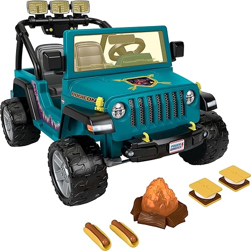 Miniatura 1 de Fisher-Price Power Wheels Jeep Wrangler montable para ir camping con comida de simulación, equipo de campamento y luces, juguete preescolar,