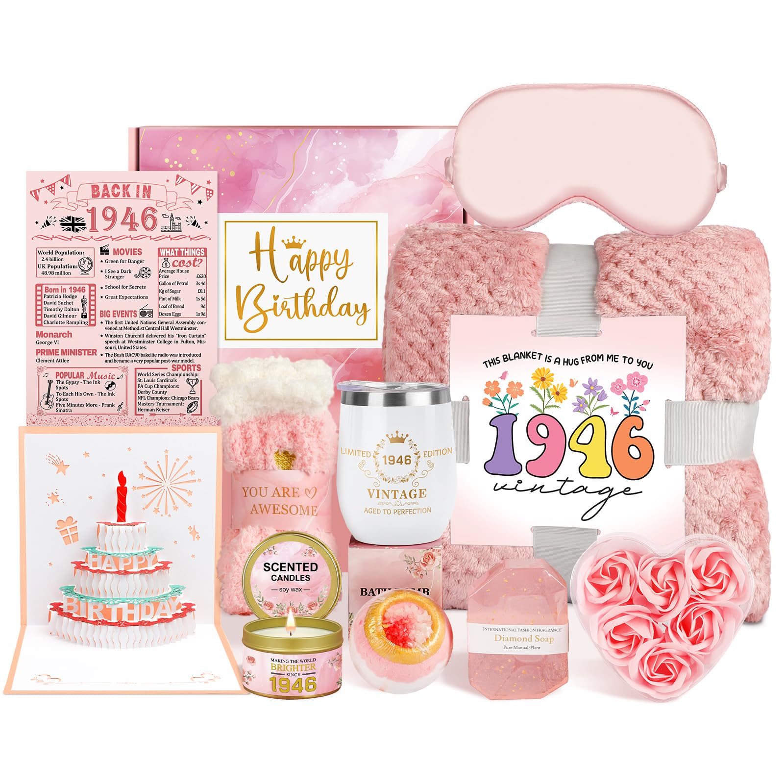 Verwöhn-Geschenke zum 80. Geburtstag für Frauen, Pflegepaket Gute Besserung, Geschenke für 80 Jahre alte Frau, 1946 Geburtstagsbox, entspannendes Spa-Set mit Becher, Decke, Poster für sie, Mutter