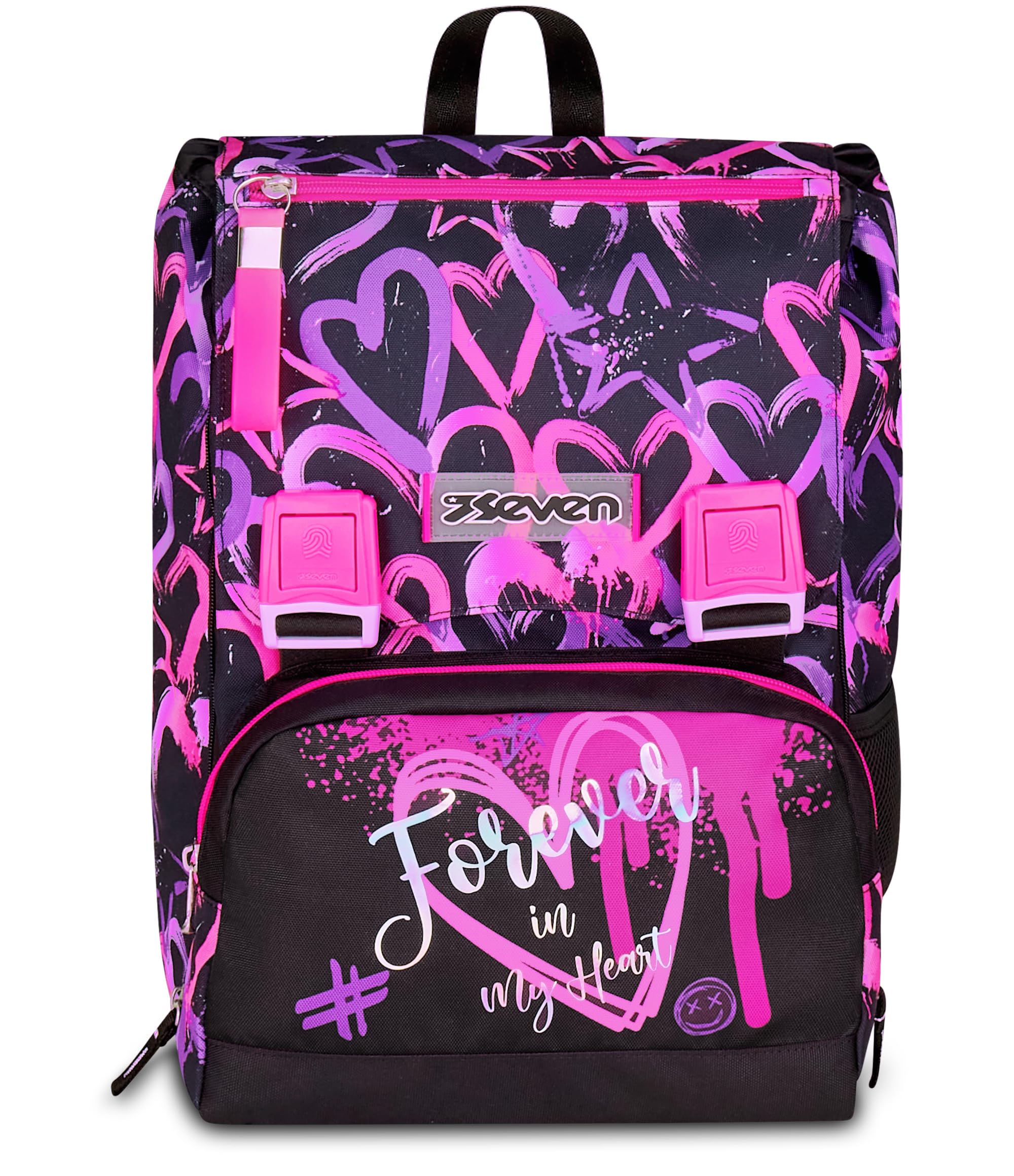 Seven Erweiterbarer Schulranzen,für Schule Sport Freizeit, ab 1. Klasse, für Mädchen und Jungen, gepolsterter Rucksack, mit Trinkflaschenfach, rosa