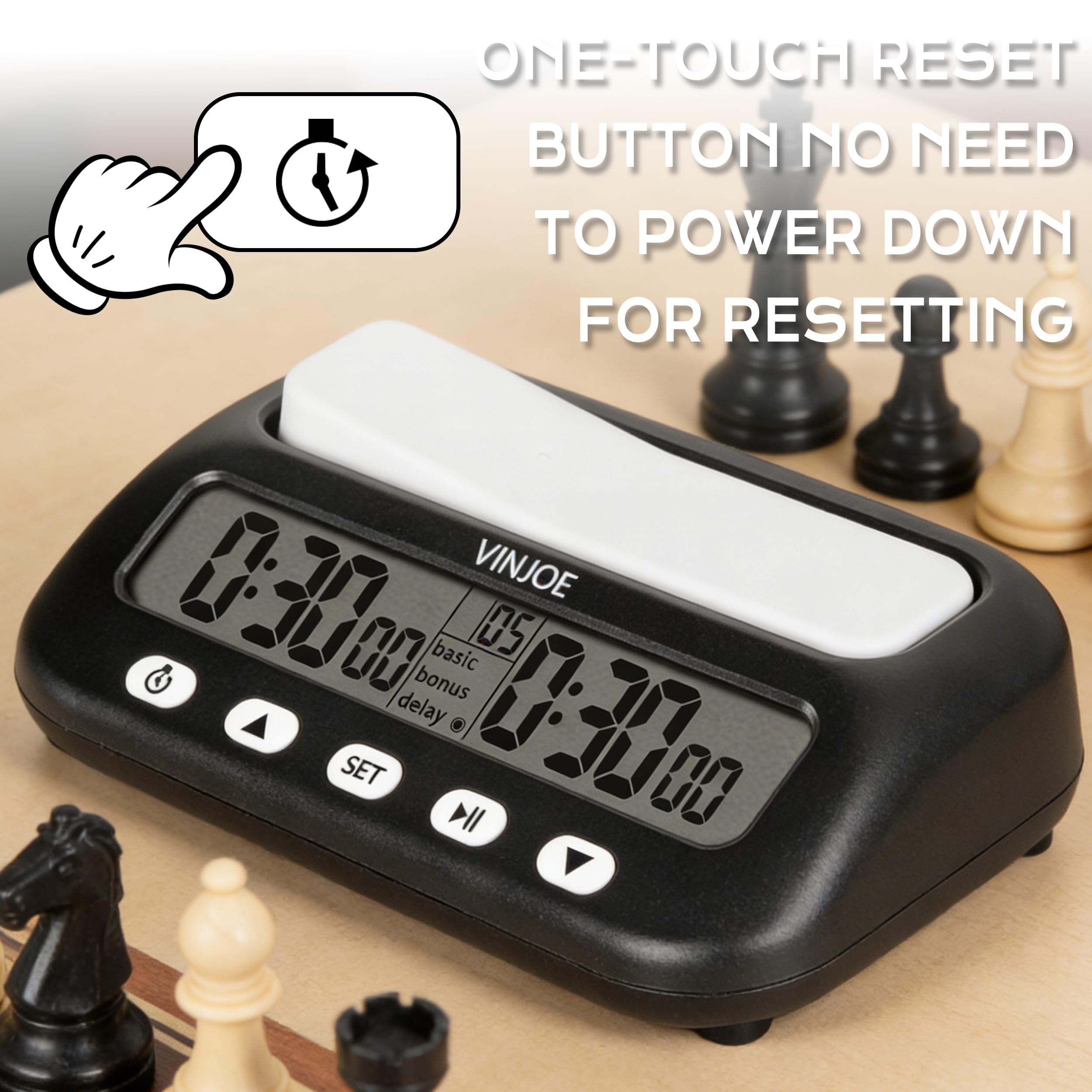 VINJOE Schachuhr, digitaler Schach-Timer, professionell für Brettspiele, tragbare digitale Schachuhr und Spiel-Timer mit Basic, Bonus, Verzögerung und positiver Zeit, beste Geschenke (ohne Batterie)