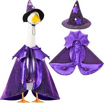 Halloween Witch Porch Goose Outfit with Glitter Witch Hat and Cloak Yard Goose Outfits for 23" 17" Cement Plastic Statue Geese Duck Decorations