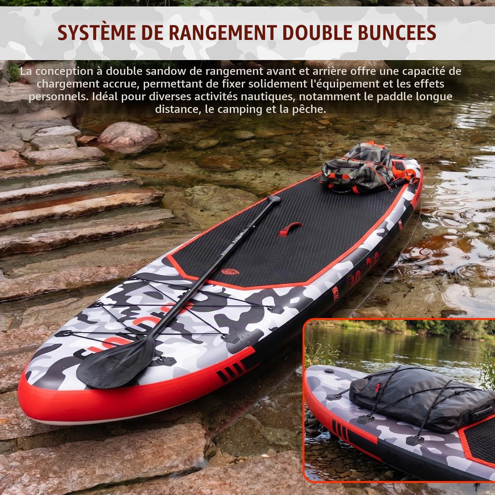 FunWater Planche de stand up paddle gonflable de 330 cm - Kit complet avec pagaie, sac à dos, étui pour téléphone portable, 3 palmes, pompe, siège et bandoulière - Planche de SUP pour débutants et