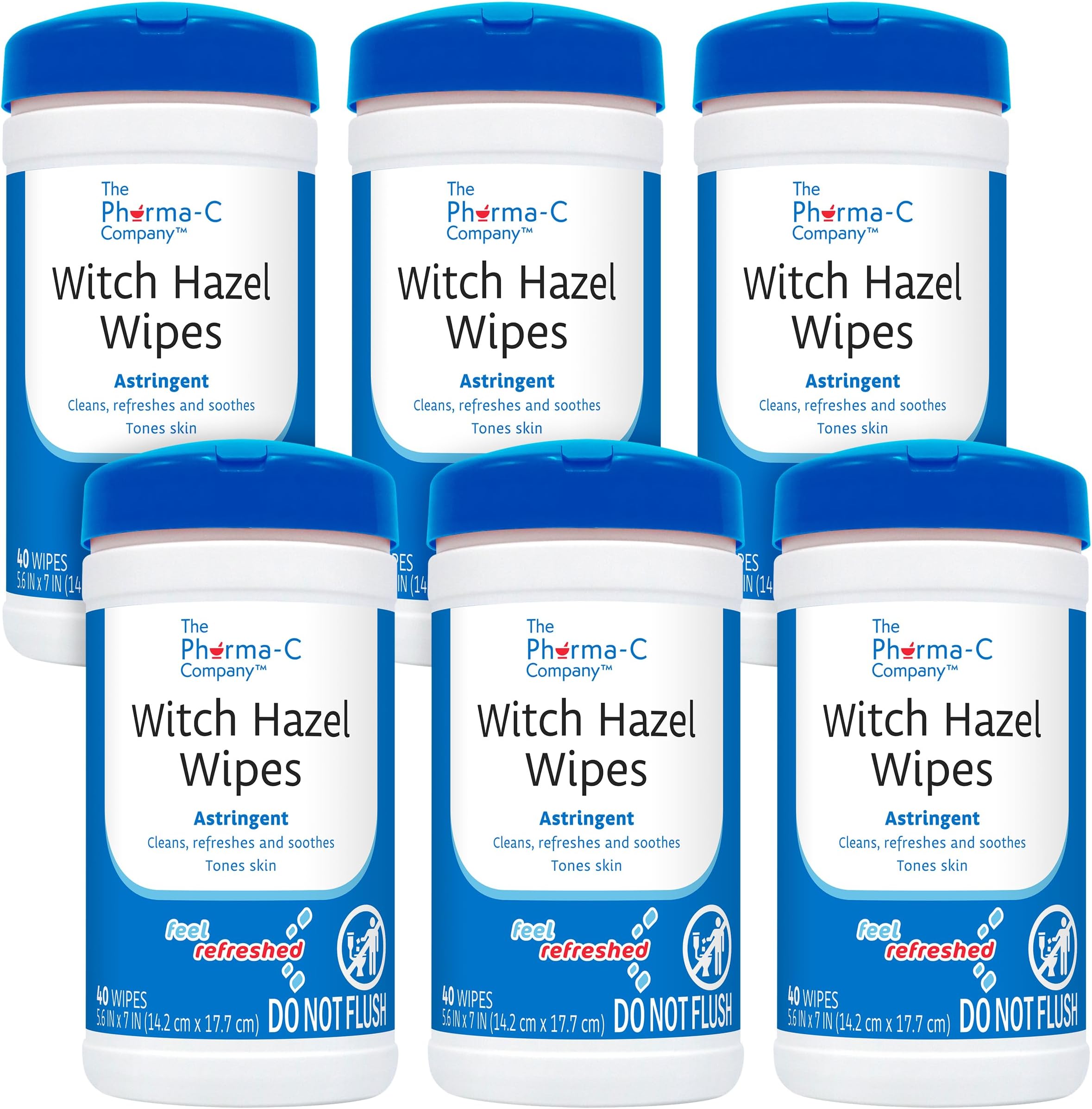 The Pharma-C Company - Witch Hazel Wipes [6 canisters] - Daily Toner & Astringent Cleansing Cloths for Face