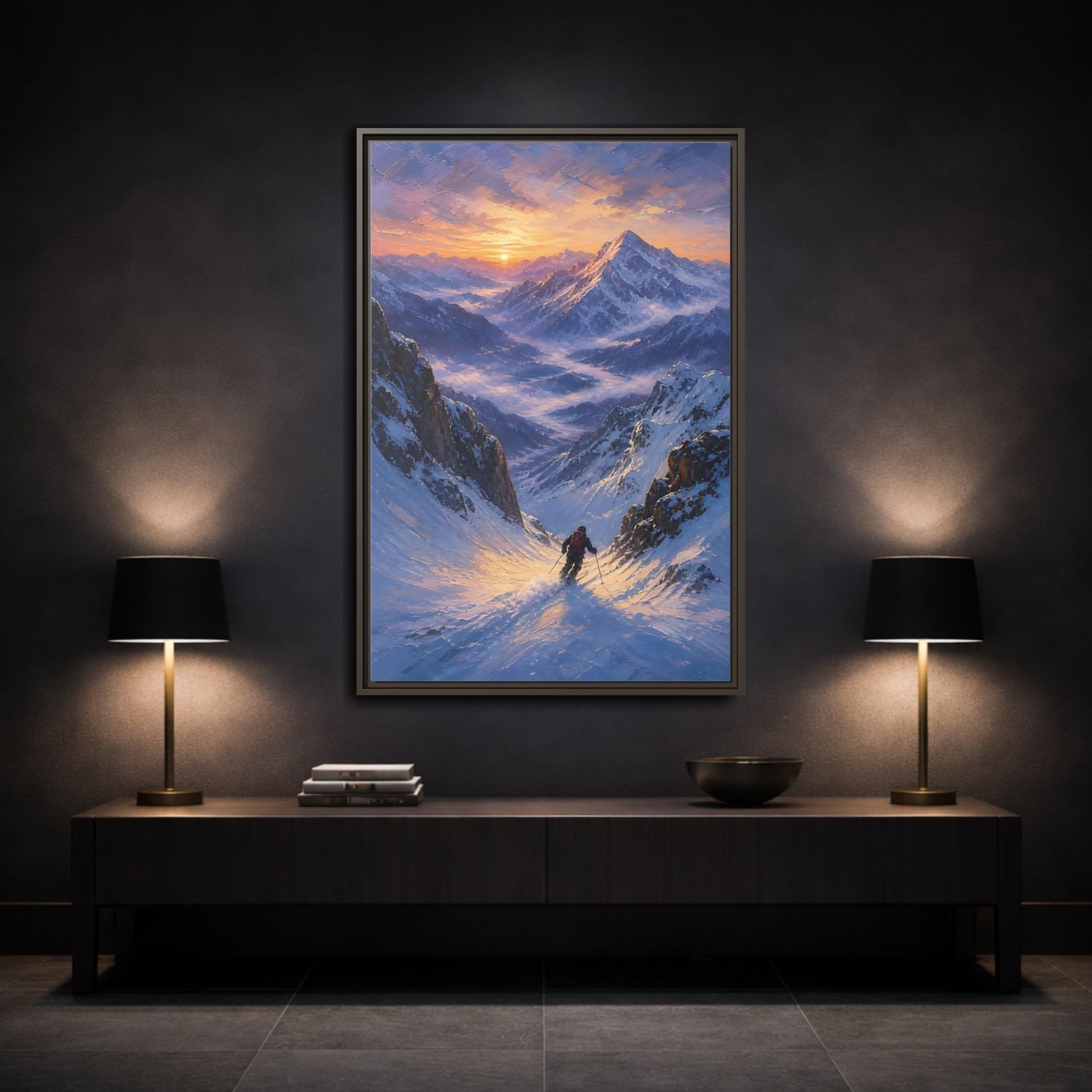 Nature Mountain Skier Snowy Sunset Framed Canvas Print – Living Room, Above Fireplace, Orange and Blue 32×48 inch (80×120 cm) - Vertical/Black / 1.25 inch (3 cm)