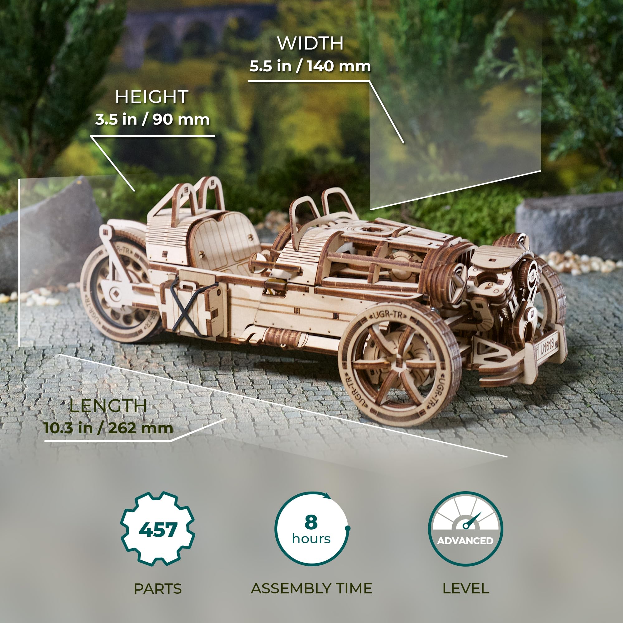 UGEARS Dreiradfahrzeug UGR-S - 3D Holzpuzzle Motorrad - Auto 3D Puzzle Modellbausatz für Erwachsene - 3D Motorrad Holzpuzzle - Magicholz Motorrad Modell mit funktionsfähiger Lenkung und Federmotor
