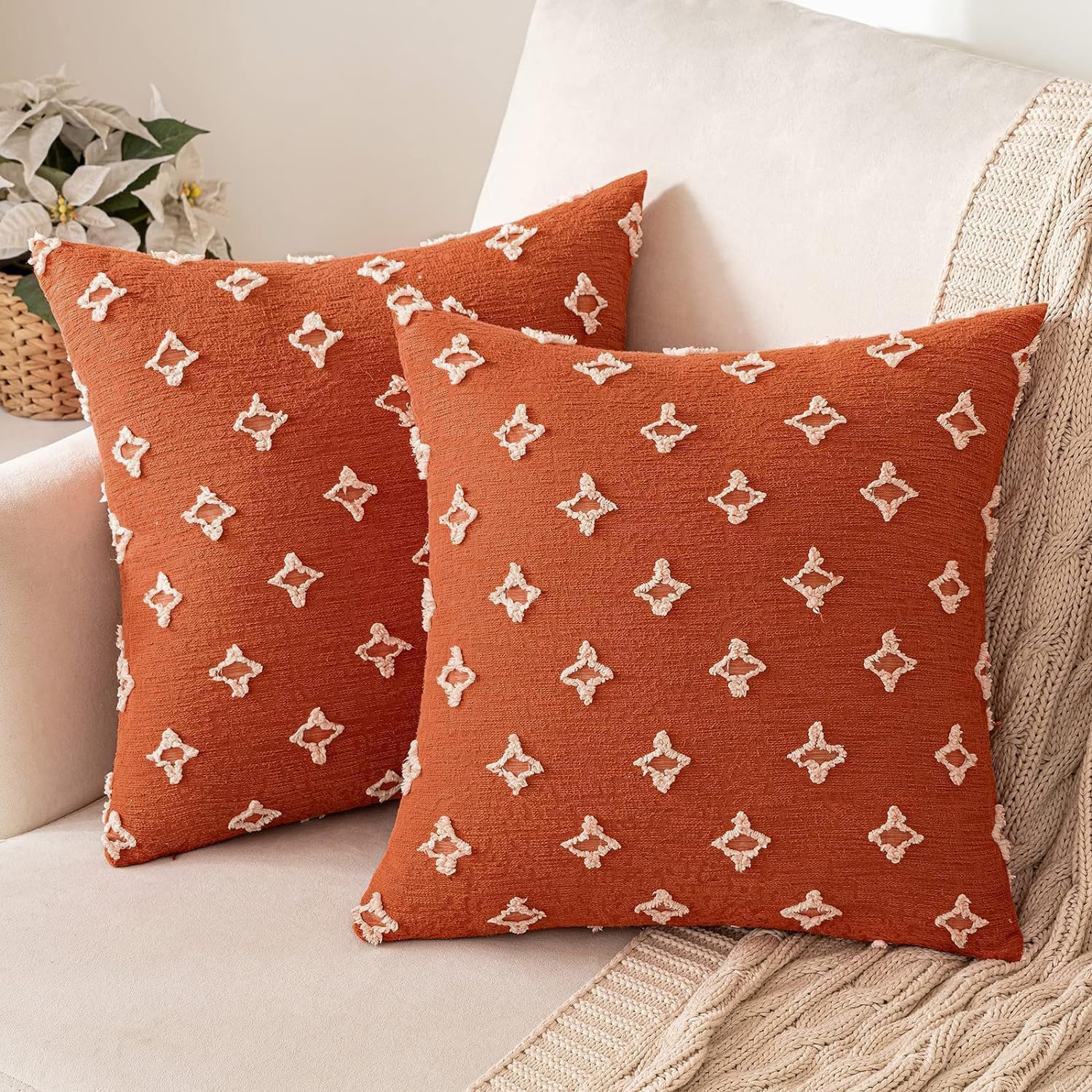 MIULEE Set of 2 Decorative Throw Pillow Covers Rhombic Jacquard Pillowcase Soft Square Cushion Case for Couch Sofa Bed Bedroom Living Room, 16x16 Inch, Burnt Orange 16" x 16" (Pack of 2) Burnt Orange