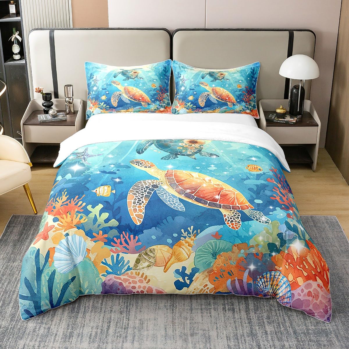 Homemissing Meeresschildkröte Bettbezug Set Ozean Blau Baumwolle Bettwäsche Set 135x200cm für Jungen Mädchen Teilbereich Küste Betten Set Atmungsaktiv Sommer Urlaub Bettdeckenbezug Dekor Tier