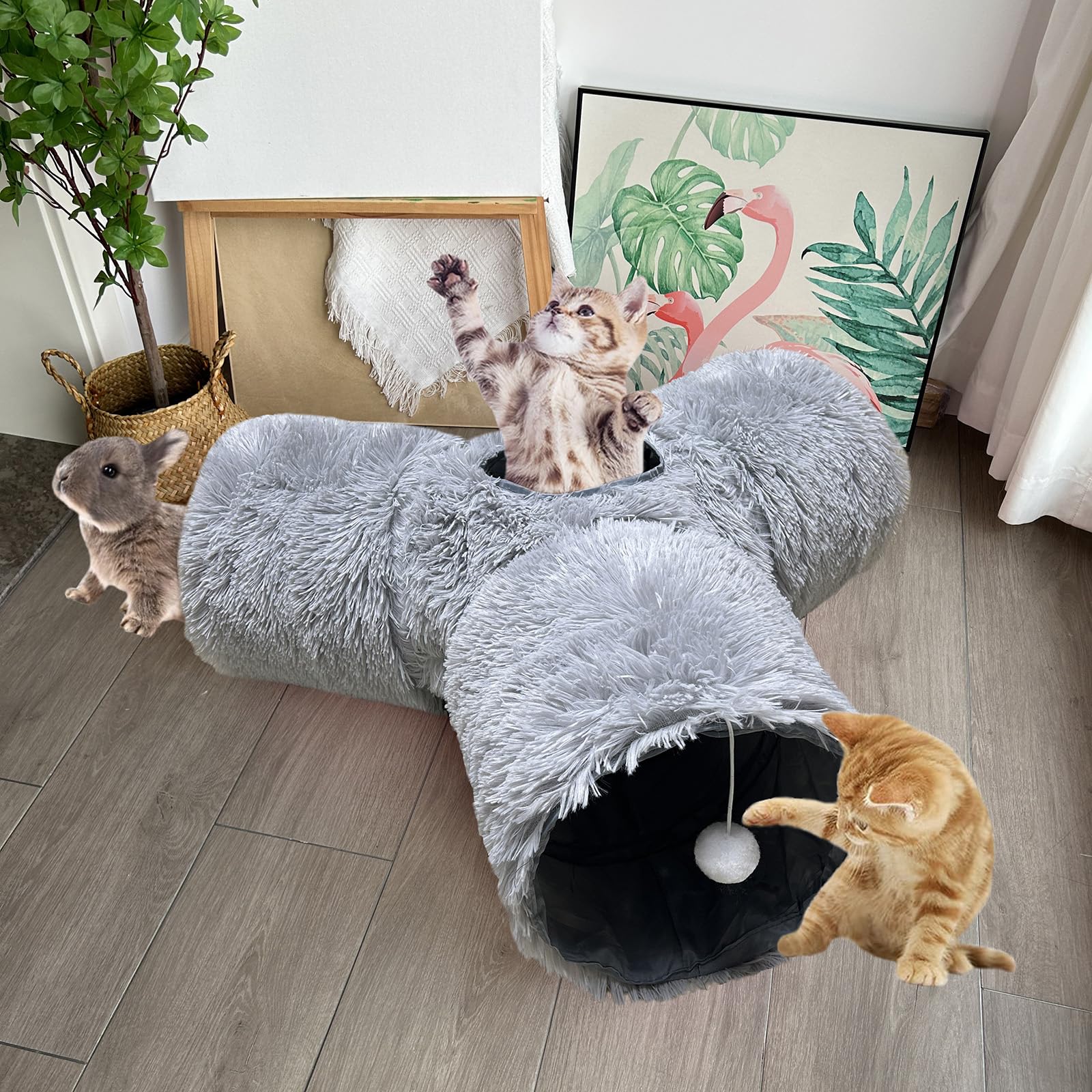 Túnel plegable para gatos de interior de 3 vías de felpa gris, tubo de juego portátil con agujeros para mirar, perfecto para gatitos, conejos y mascotas pequeñas, juguete interactivo