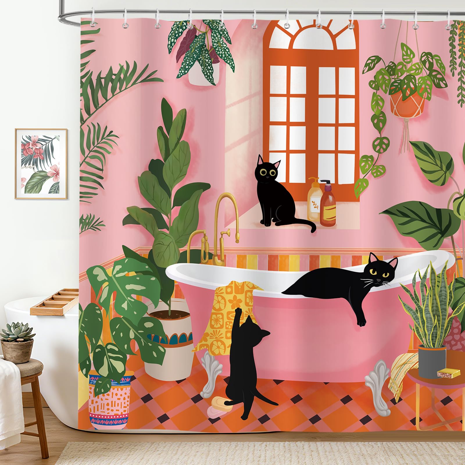 Boho Tenda da Doccia Gatto Nero 180x200 cm Vintage Carino Rosa Bagno Piante Verdi Tropicali Poliestere Impermeabile Tenda Vasca da Bagno con 12 Ganci Lavabile in Lavatrice per Casa Hotel