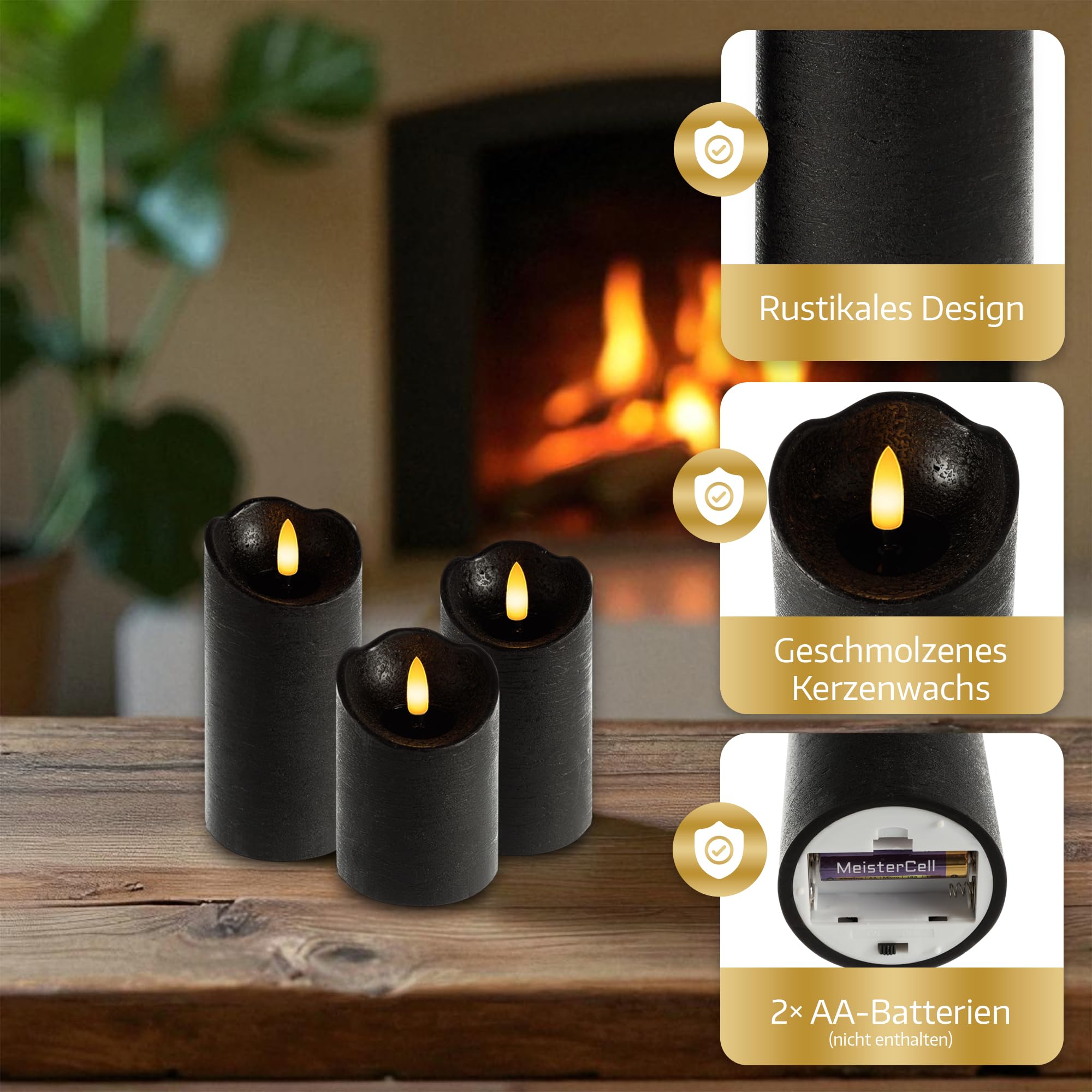 Meisterhome Juego de 3 velas LED negras, sin llama, con llama parpadeante, diseño rústico, con mando a distancia y temporizador, funciona con pilas, color blanco cálido, diámetro de 7,5 x 10/12,5/15