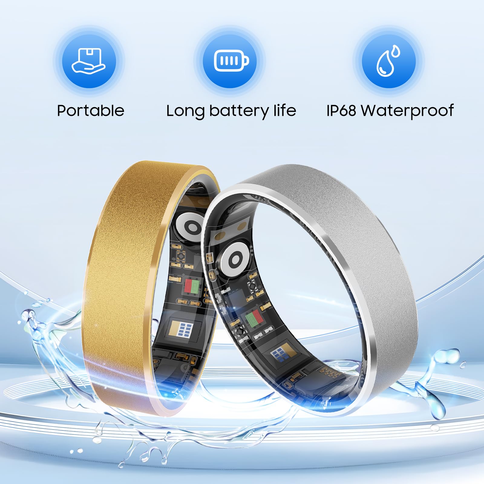 Smart Health Ring, Featuring Heart Rate, Stress and Sleep Monitoring Functions, Compatible with iPhone and Android, Waterproof Fitness Tracker for Women & Men, No Subscription Fee. (Gold, 9)