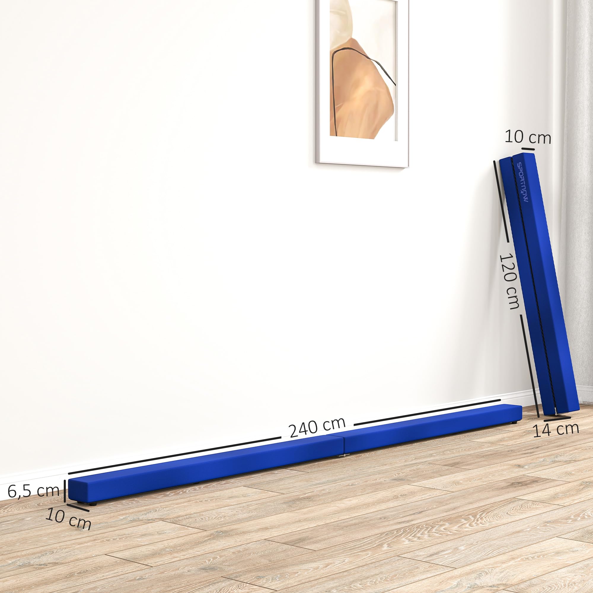 SPORTNOW Trave da Ginnastica Pieghevole, 240 cm, in Velluto, con Fondo Antiscivolo, Attrezzatura per l'allenamento da Ginnastica per Bambini e Adulti, Blu