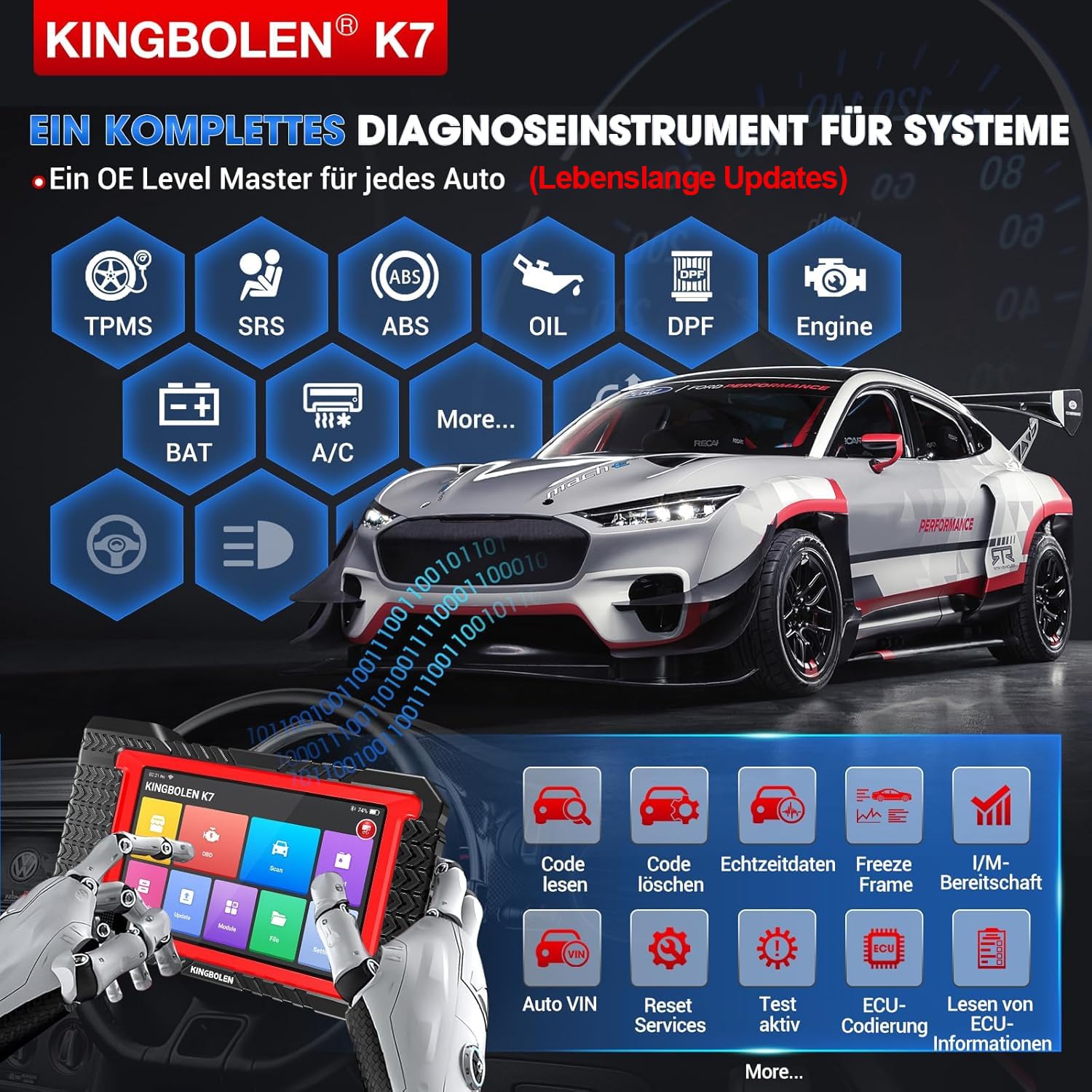 KINGBOLEN K7 Obd2 Diagnosegerät für Alle Fahrzeuge,Bi-Direktionale Diagnosegerät Auto Lebenslang Kostenloses Update,kfz Tester mit Alle Systemdiagnosen,ECU-Kodierung,36+ Dienst Zurücksetzen.
