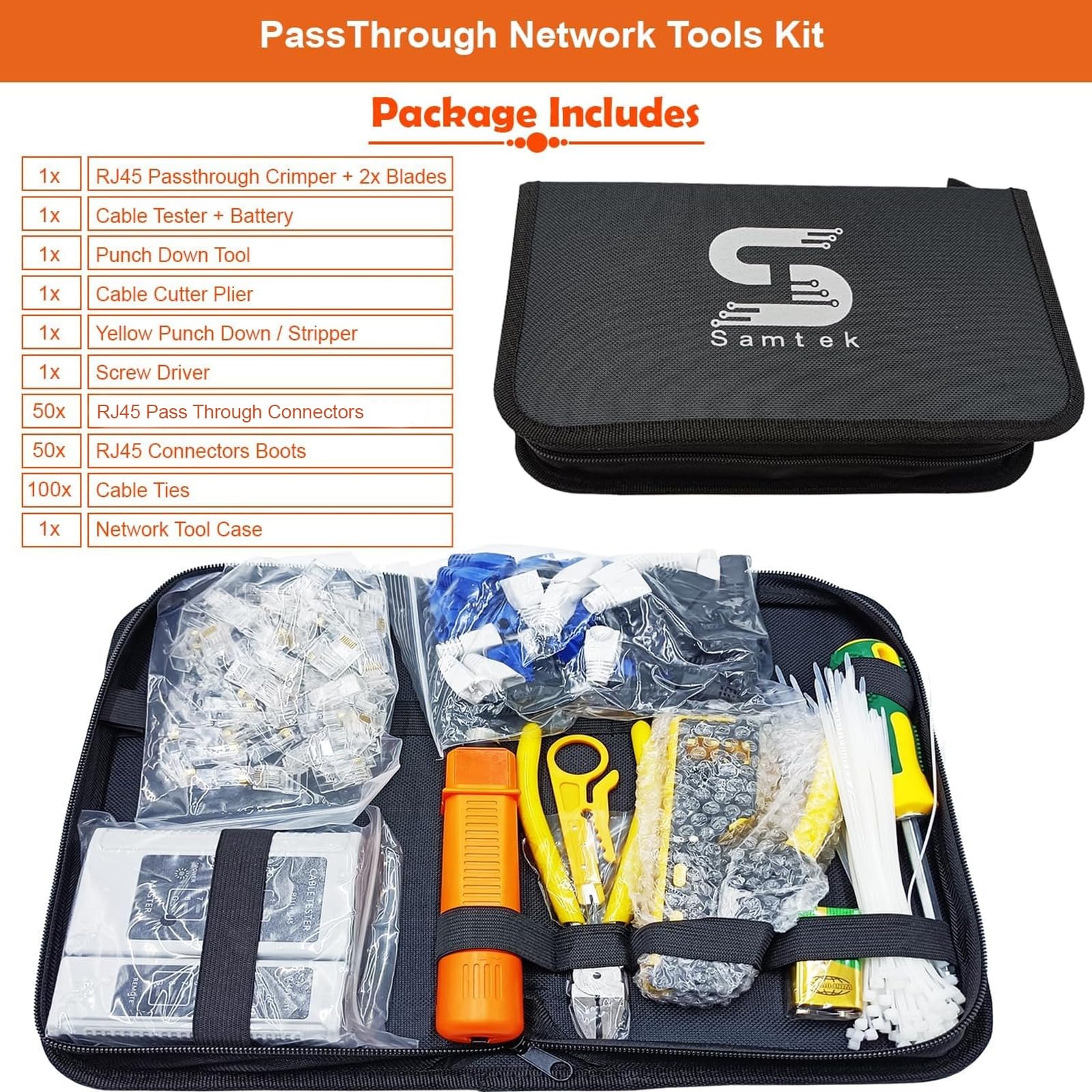 SAMTEK Kit d'outils de sertissage RJ45 tout en un - Outil de sertissage Ethernet pour Cat5/Cat6/Cat7 et RJ11 pour connecteur de ligne téléphonique - Comprend un coupe-câble, un testeur de câble, une