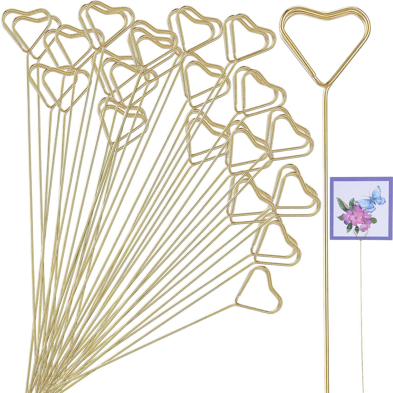 Mabor 40Pcs Flower Card Holder Stick - 12.2 Inch Metal Floral Heart Shape Gold Picture Holder Pick for Wedding and Party