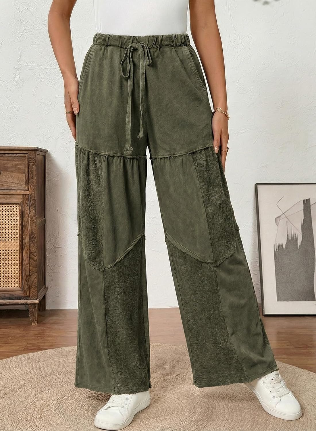 SHEWIN Women Washed‑Out Effect Fabric Pants Stretchy Wide Leg Trousers 2026 - Image 2