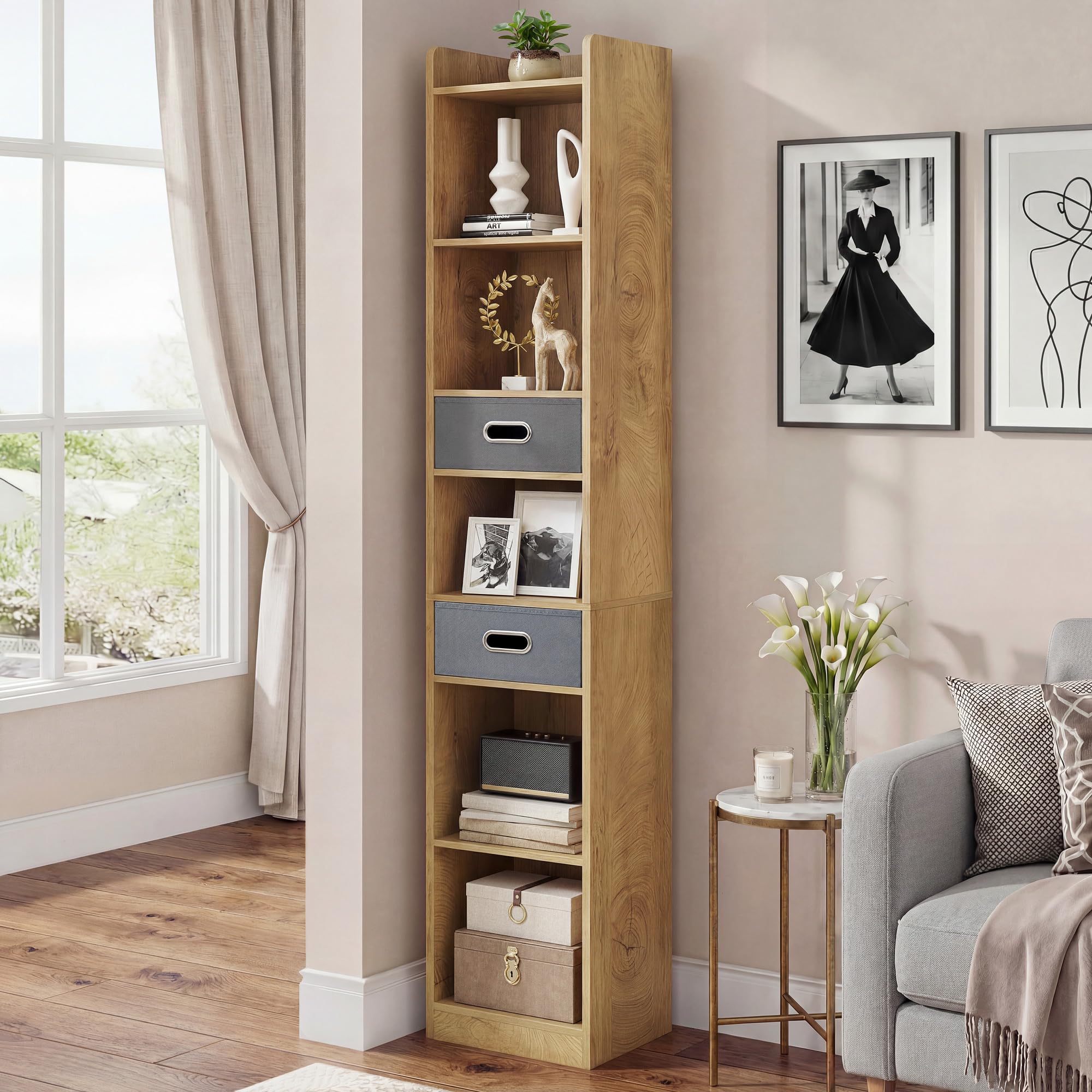 YITAHOME Estantería Alta y Estrecha estantería esquinera Estrecha con 5 estantes y 2 cajones de Tela, estantería Independiente para salón, Dormitorio y Oficina, Acabado Roble