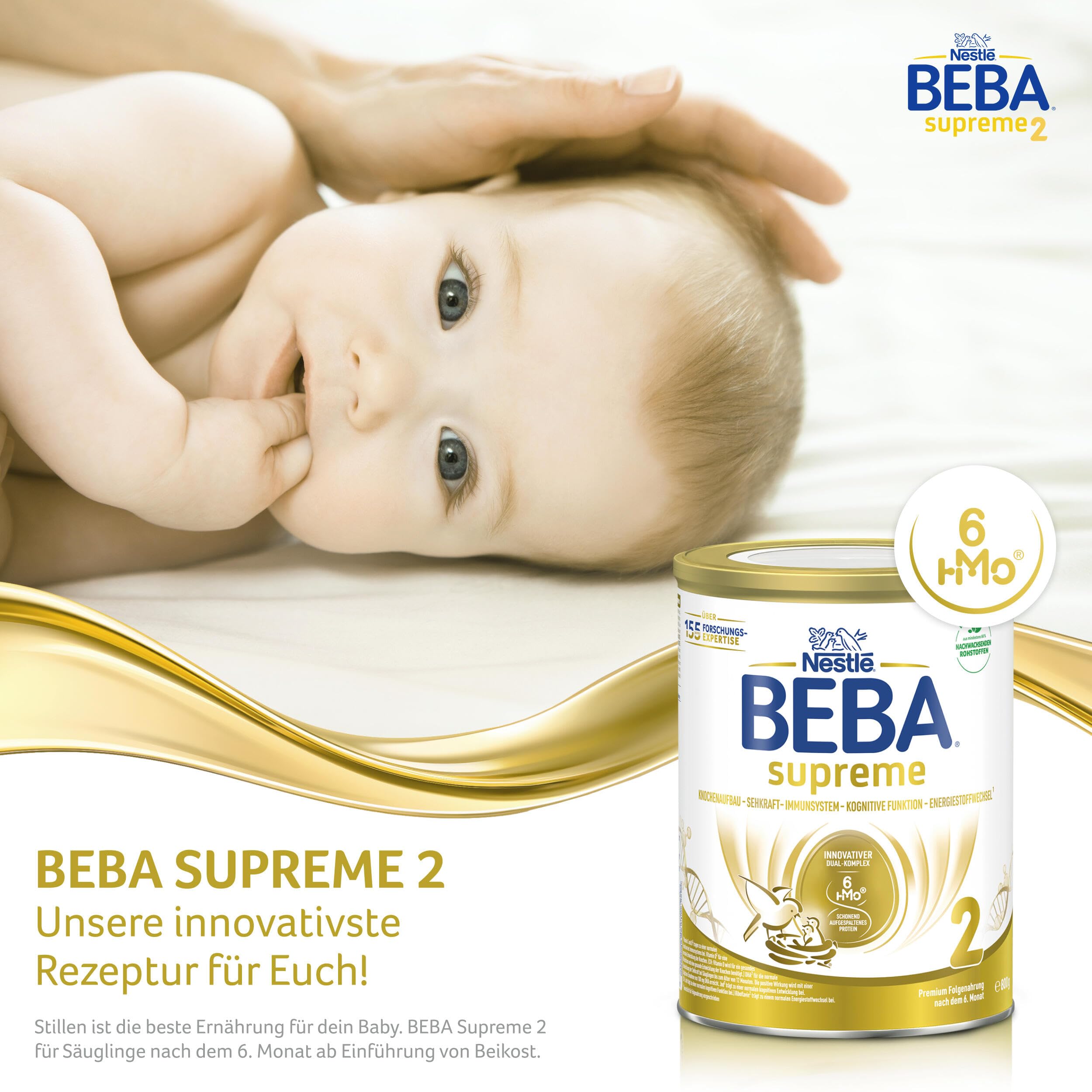 BEBA SUPREME 2 - Folgemilch nach dem 6. Monat, Mit 6 HMO Komplex, Patentiertes Produkt, Nur Laktose, Ohne Palmöl, Ohne Fischöl, Babynahrung, Baby-Milchpulver, 6er Pack (6 x 800g)