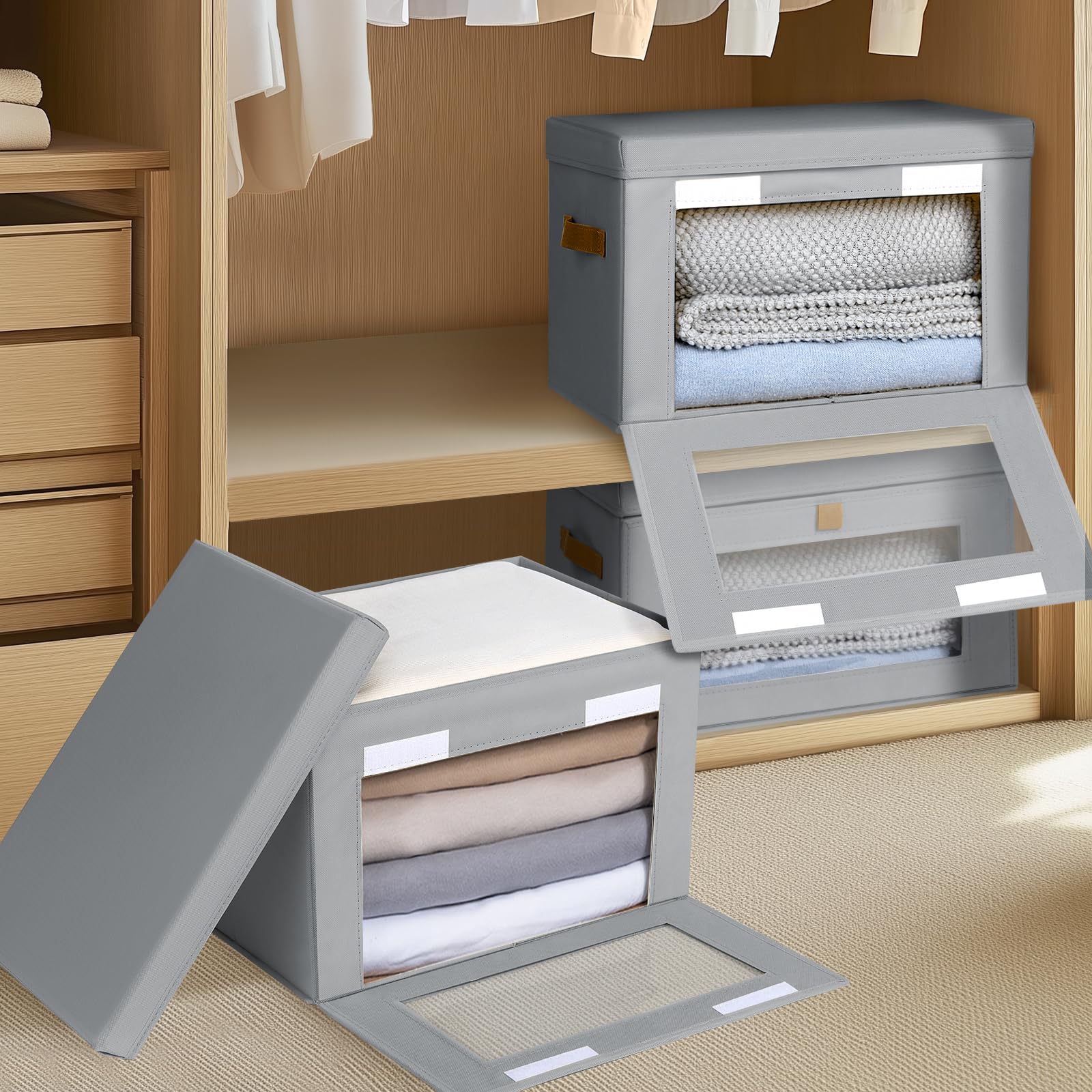 Homsorout Große Schrank-Aufbewahrungskörbe – Faltbare Aufbewahrungsbehälter mit Griffen und Fenster, Stoffwürfel-Organizer mit Deckel, dekorative Boxen für Wohnzimmer, Schrank, Wohnheim, 8 Stück, Grau
