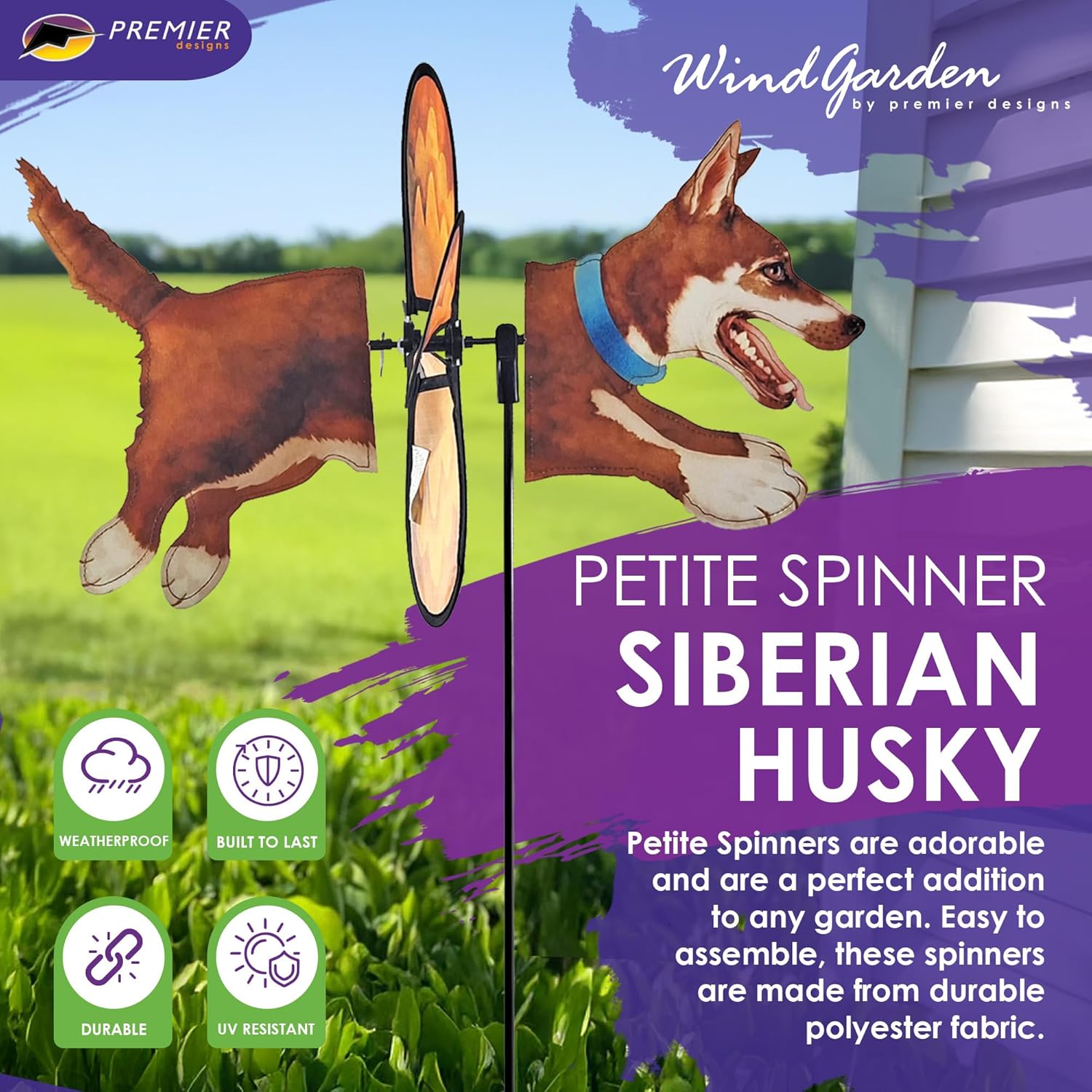 Premier Kites Petite Spinner Siberian Husky – Whimsical Wind Spinner for Yard & Garden, Durable Weather-Resistant Fabric, Easy to Assemble, Outdoor Decor for Patios, Lawns, & Fairy Lovers