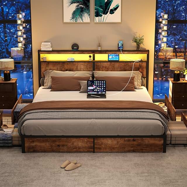 SADENICEL King Bed Frame with Storage Headboard and 4 Drawers, Metal Pla...