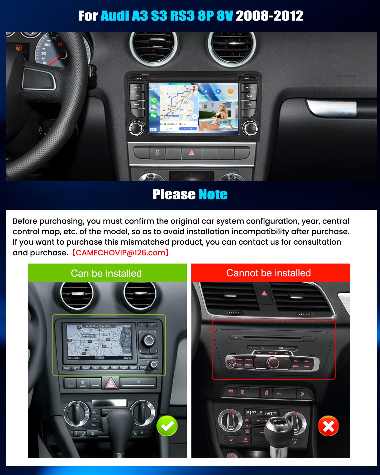 CAMECHO 8-Core 4+64G Android 15 Carplay Autoradio para Audi A3 S3 RS3 8P 8V 2008-2012, DSP Carplay, Pantalla Táctil de 7" Radio Bluetooth para Coche con Android Auto WiFi GPS FM/RDS 32EQ Mirror Link