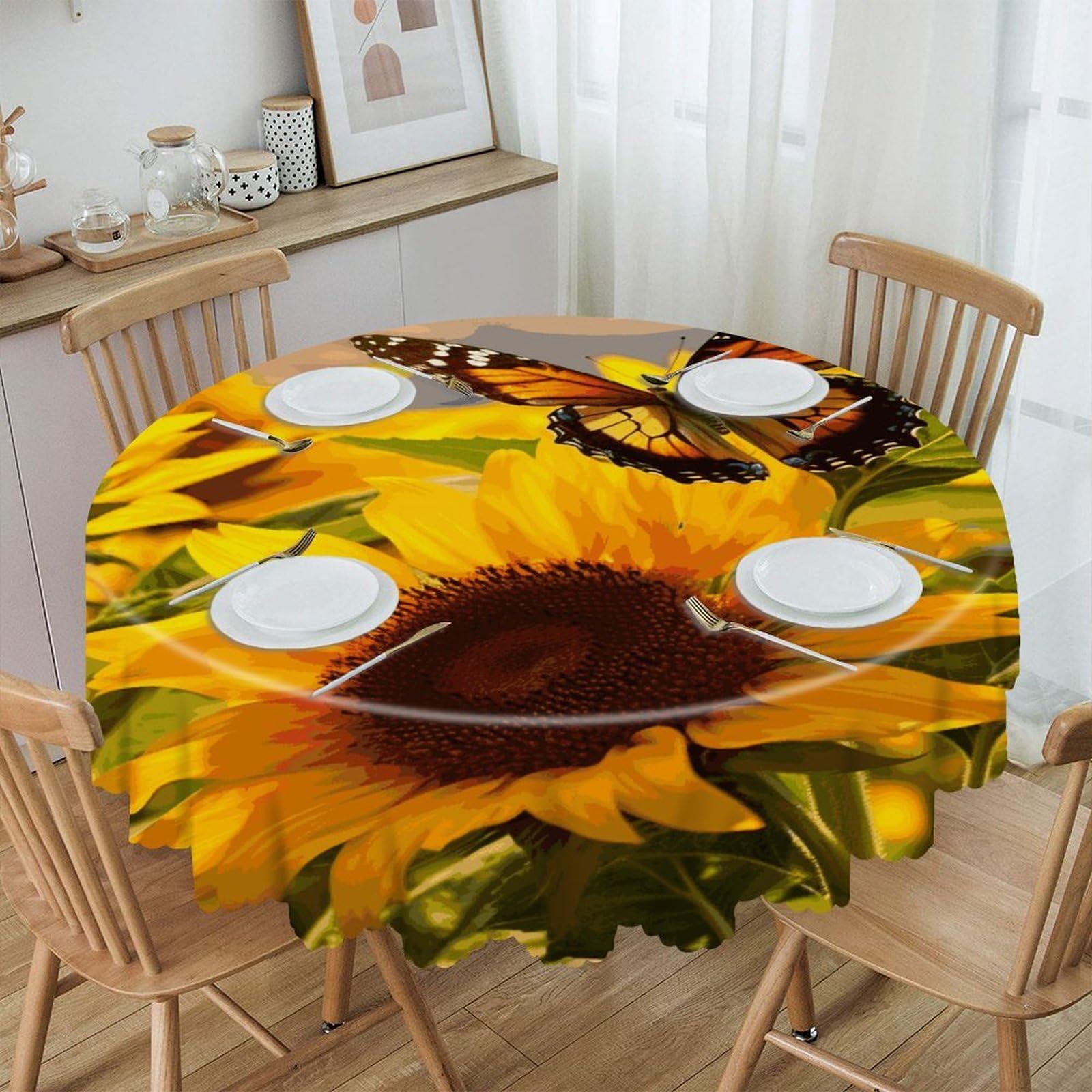 FekiLoot 60 Inch Round Sunflower Butterfly Tablecloth Waterproof Heavy Duty Polyester Table Cloth Spill-Proof Wipeable Table Cover Decorative Circle Dining Tablecover for Party Outdoor