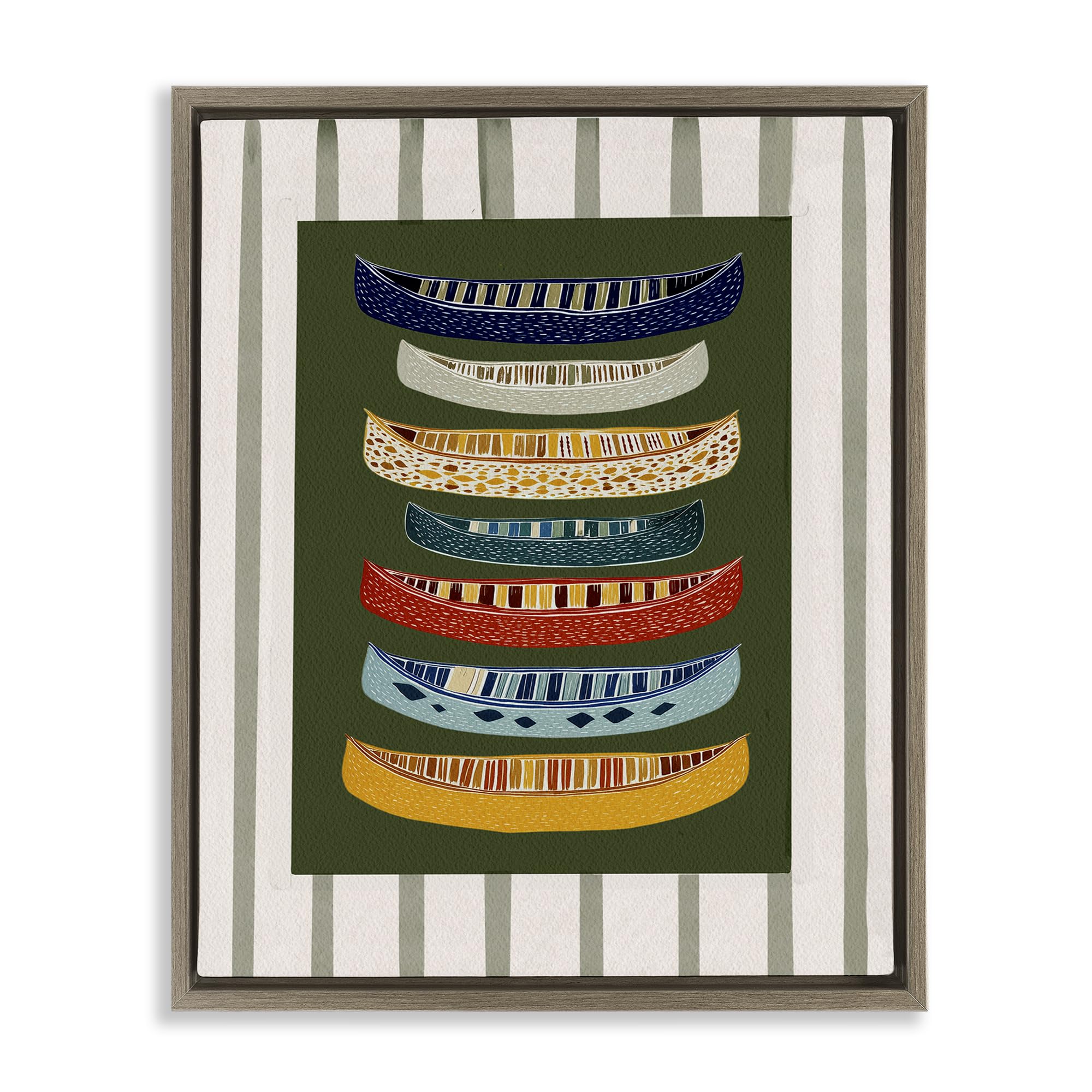 Stupell Industries Montalcino Elm (Textured) 'Patterned Canoes Over Stripes', Floating Frame Canvas Art, Brown, 25 X 31 Inches, Easy To Hang And Sturdy, Made In Usa, By Yen