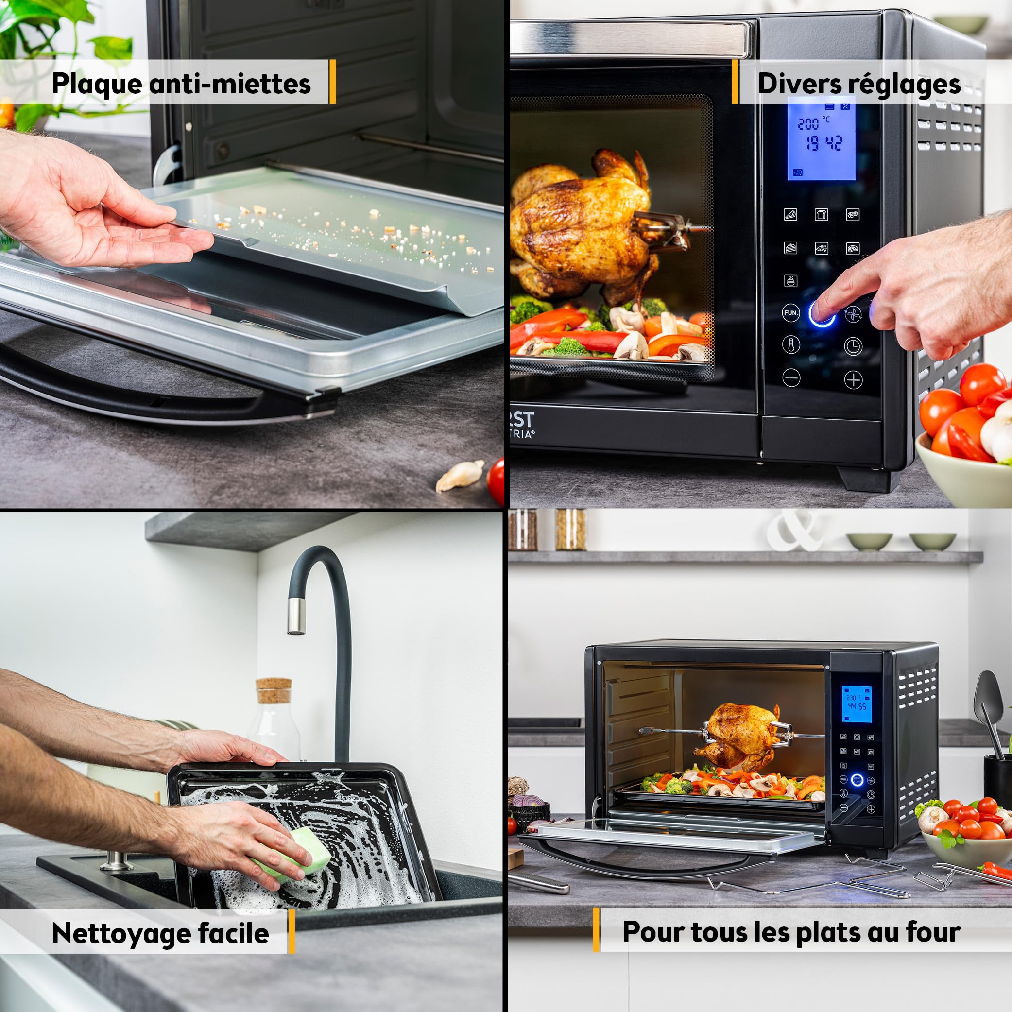 TZS First Austria – Mini-Four 45L 2000W digital – Revêtement Premium-X, Température jusqu'à 230°C & 4 Niveaux – Minuteur 180 Min & 8 Modes – Inclus Tournebroche – Pour Petites Cuisines & Camping