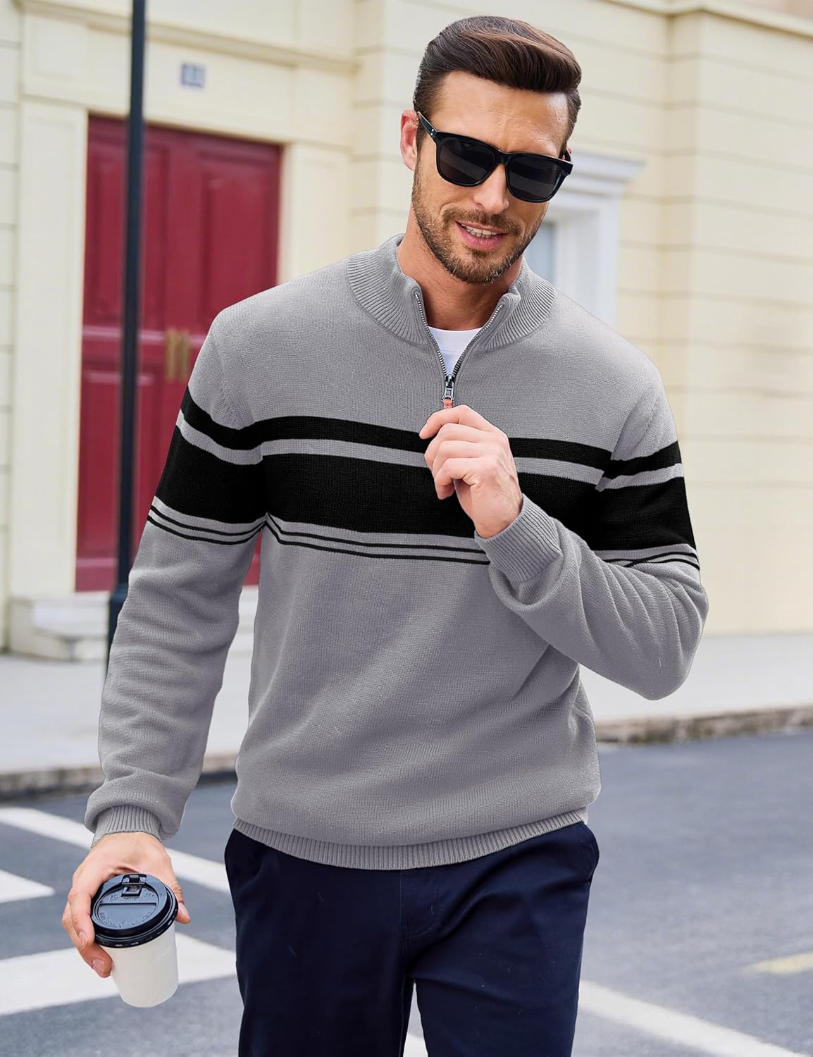 MAGCOMSEN Men's Sweaters 1/4 Zip Cotton Sweater Pullover Polo Sweaters Striped Fall Winter Warm Sweatshirts - Image 2