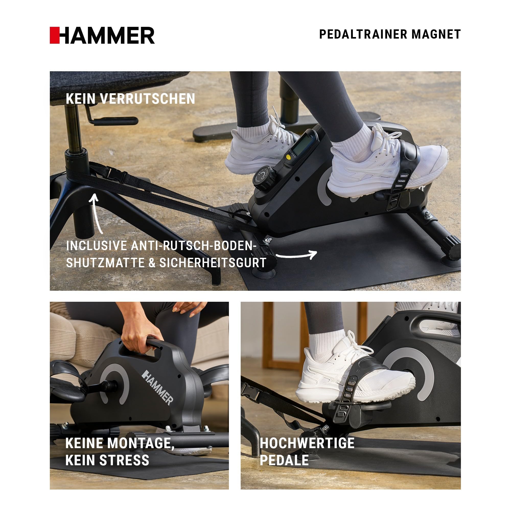 HAMMER Pedaltrainer für Zuhause Magnet - leiser Mini Heimtrainer mit Display, 8 Widerstandsstufen, inkl. Anti-Rutsch-Matte, Sicherheitsgurt, Beintrainer im Sitzen für Büro, Homeoffice und Senioren