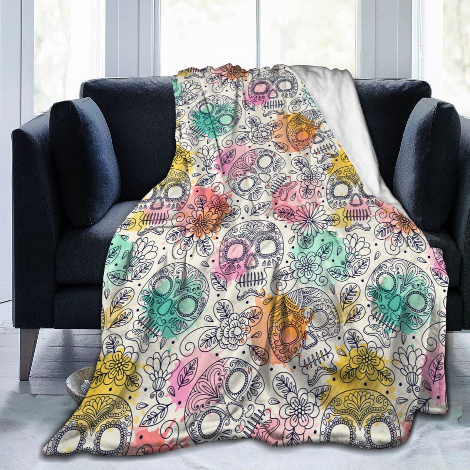 Lsjuee Flower Sugar Skull Blanket Halloween Throw Blankets Home Decor Funny Skeleton for Women Men Cozy Flannel Bed Blanket 80"X60"
