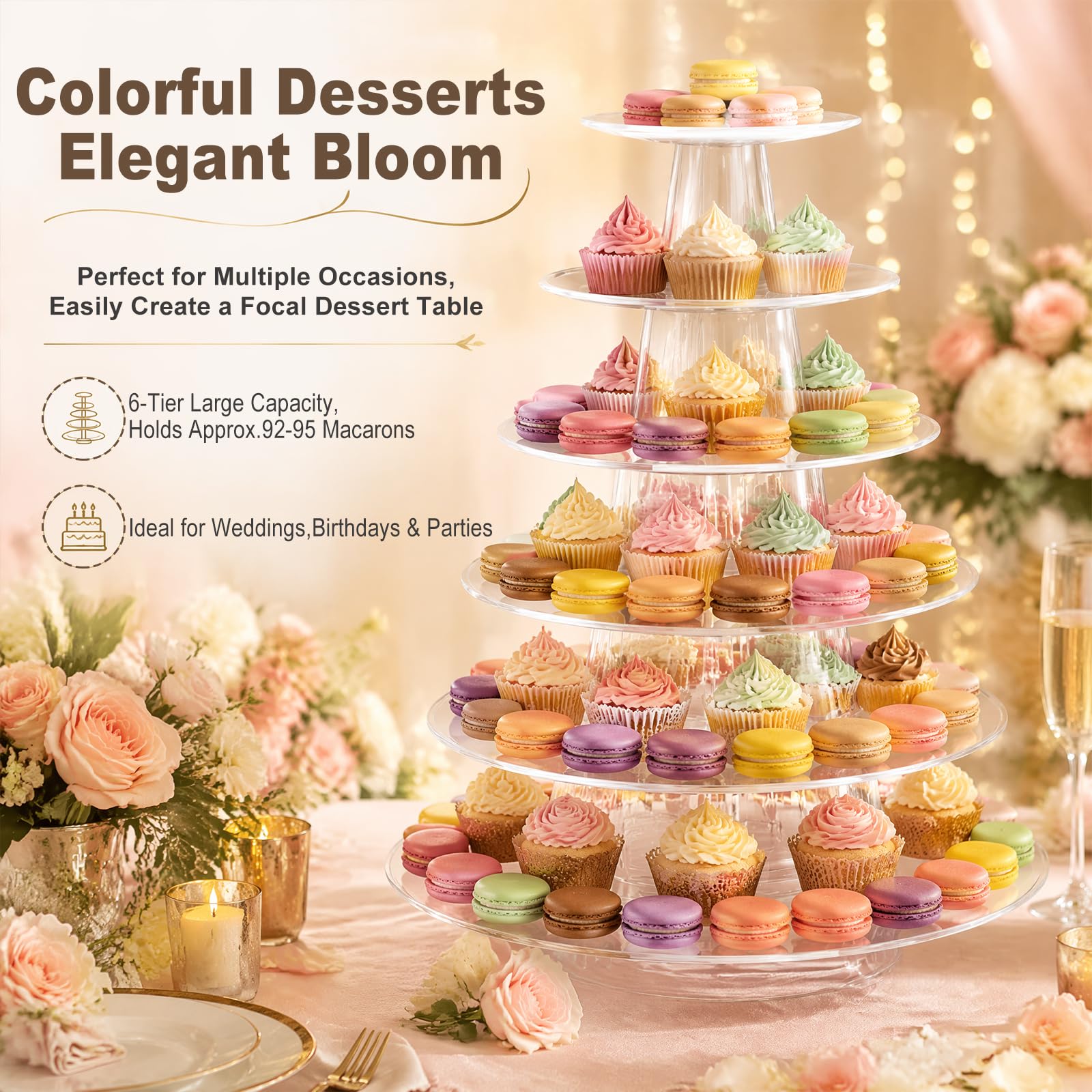 Torre espositiva per macaron trasparente | Torna modulabile da 2 a 6 ripiani, PVC alimentare, supporto rotondo per dolci, ideale per feste e matrimoni