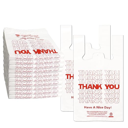 1000 Count White Disposable Thank You Bags with Handles - 11''x6''x21'' Plastic Carry Bags for Retail/Supermarket