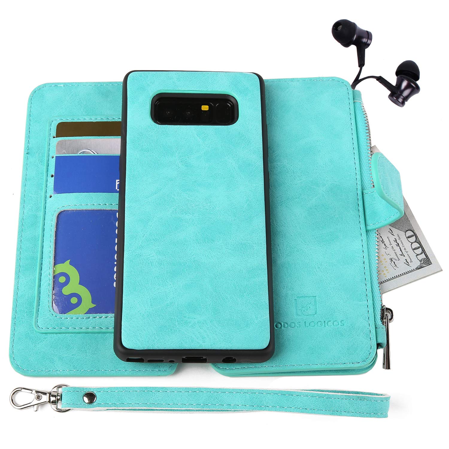 MODOS LOGICOS Case for Samsung Galaxy Note 8, [Detachable Wallet Folio][2 in 1][Zipper Cash Storage][14 Card Slots 1 Photo Window] PU Leather Purse with Removable Inner Magnetic TPU Case - Teal