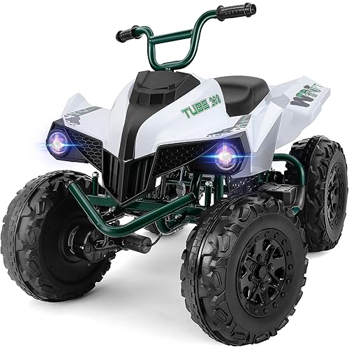 ELEMARA 24V Iron-Frame 2 Seater Ride on ATV for Big Kids,4x4 Bigger Wheels Battery Powered Kids 4 Wheeler,400W Motor with 5 Mph Max Speed,Spring Suspension,2 Speed Enjoy More Outdoor Fun,Green&White